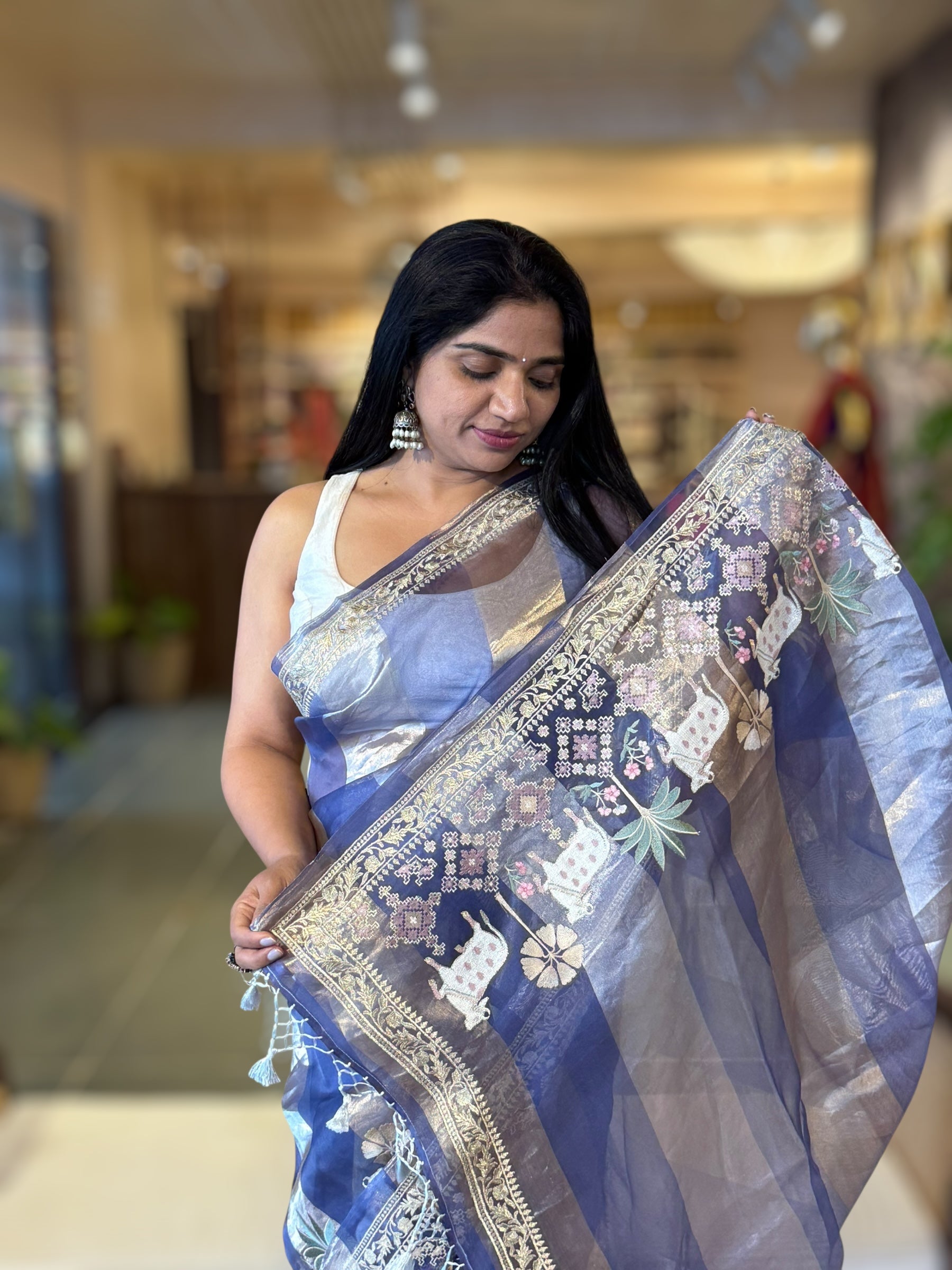 Blue Kora Tissue Stripes Saree With Jamdani  & Pichwai embroidered Border