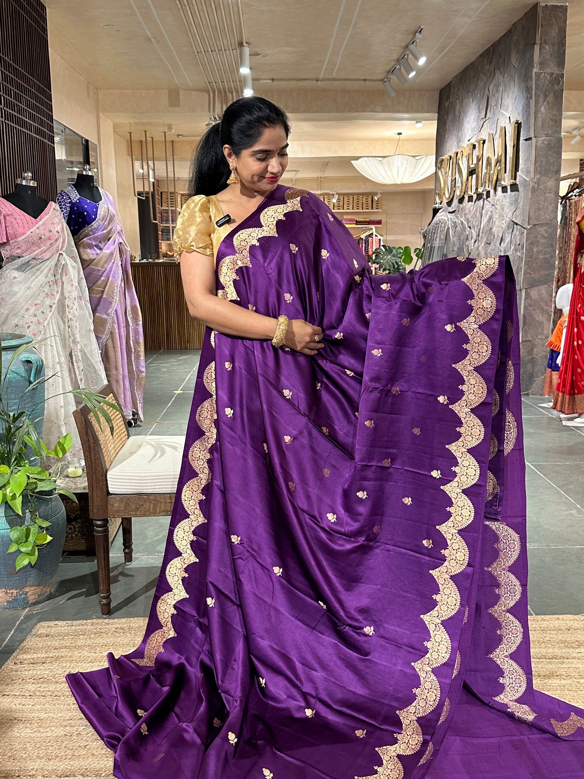 Violet Pure Banarasi Handloom Mashru Silk Saree  with kaduwa weaving
