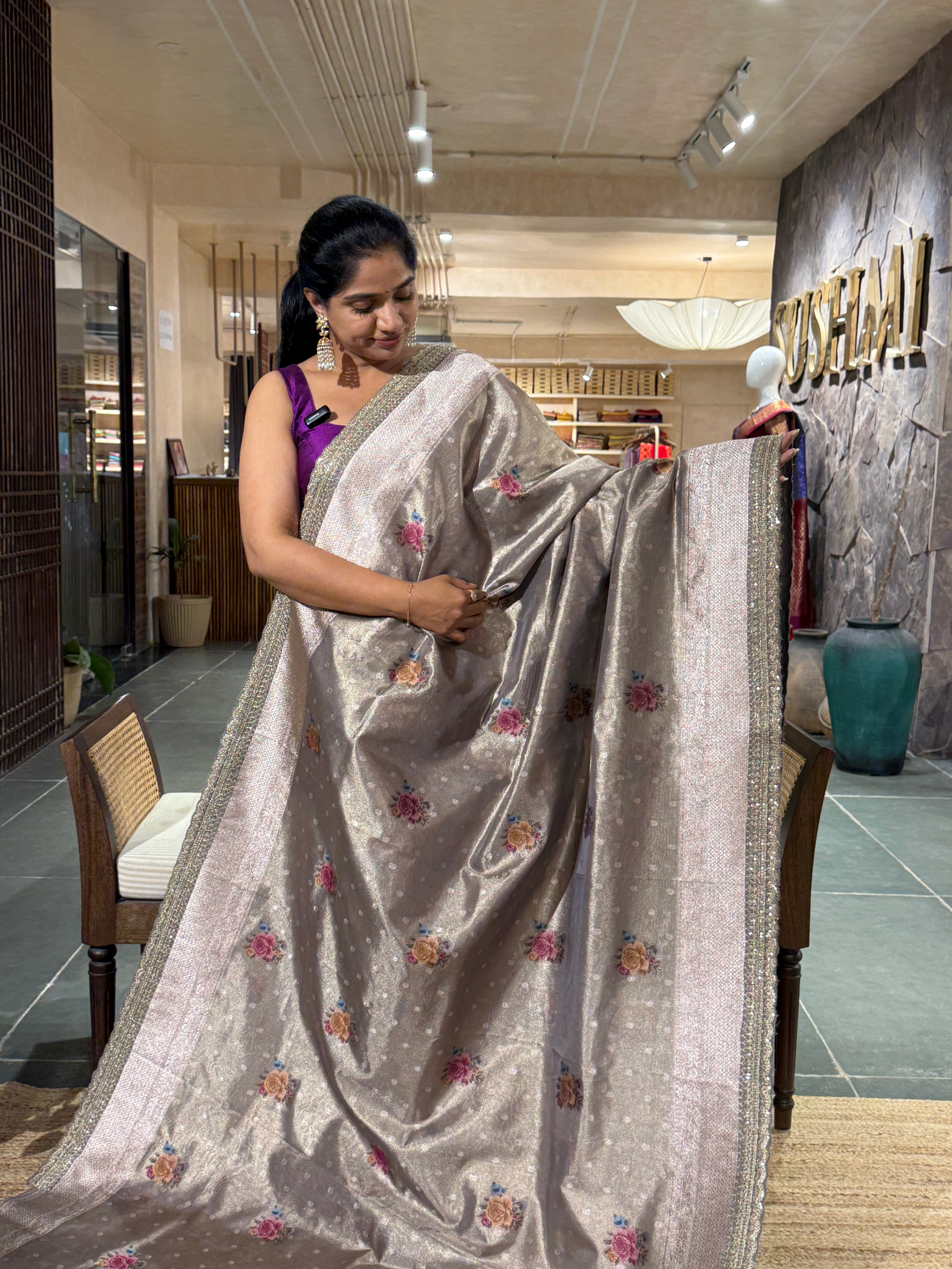 Earthy Tone Floral printed tissue Saree eith sabyasachi style border and blouse