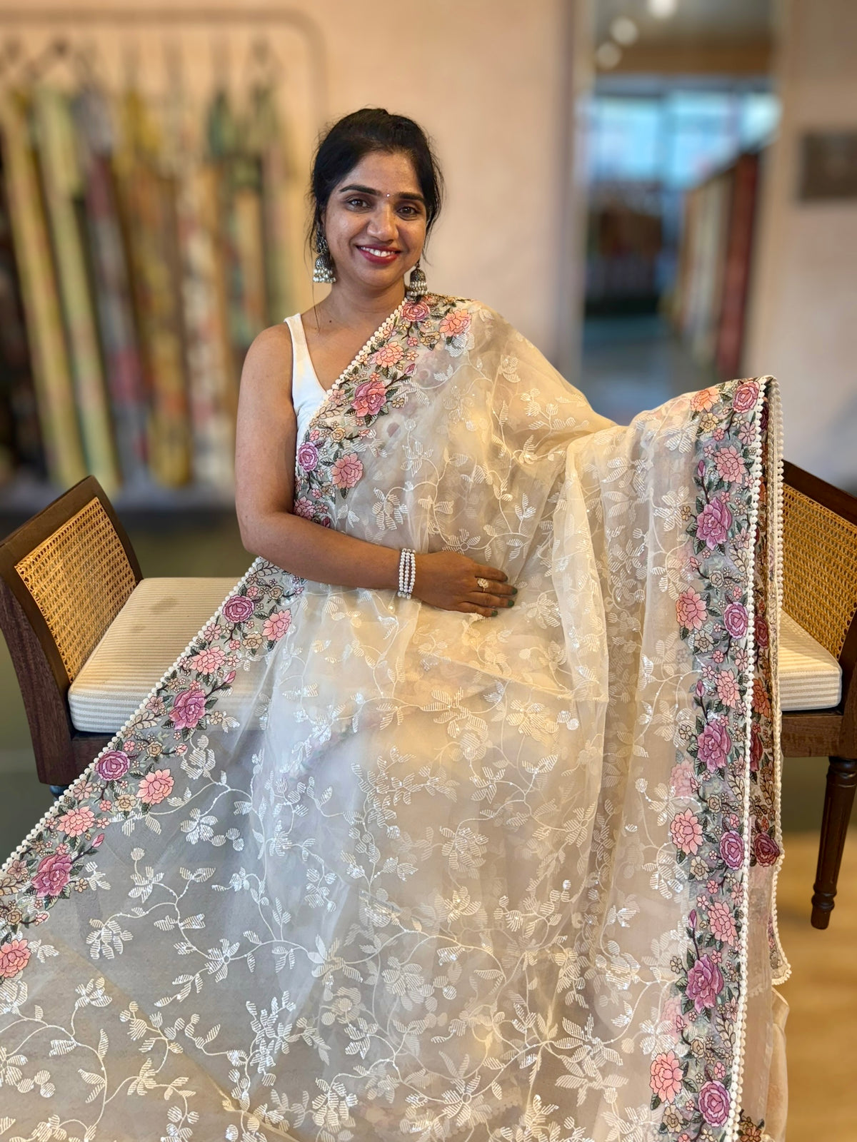 Ivory Organza Saree with Allover Floral Sequence Work & Parsi Embroidered Border