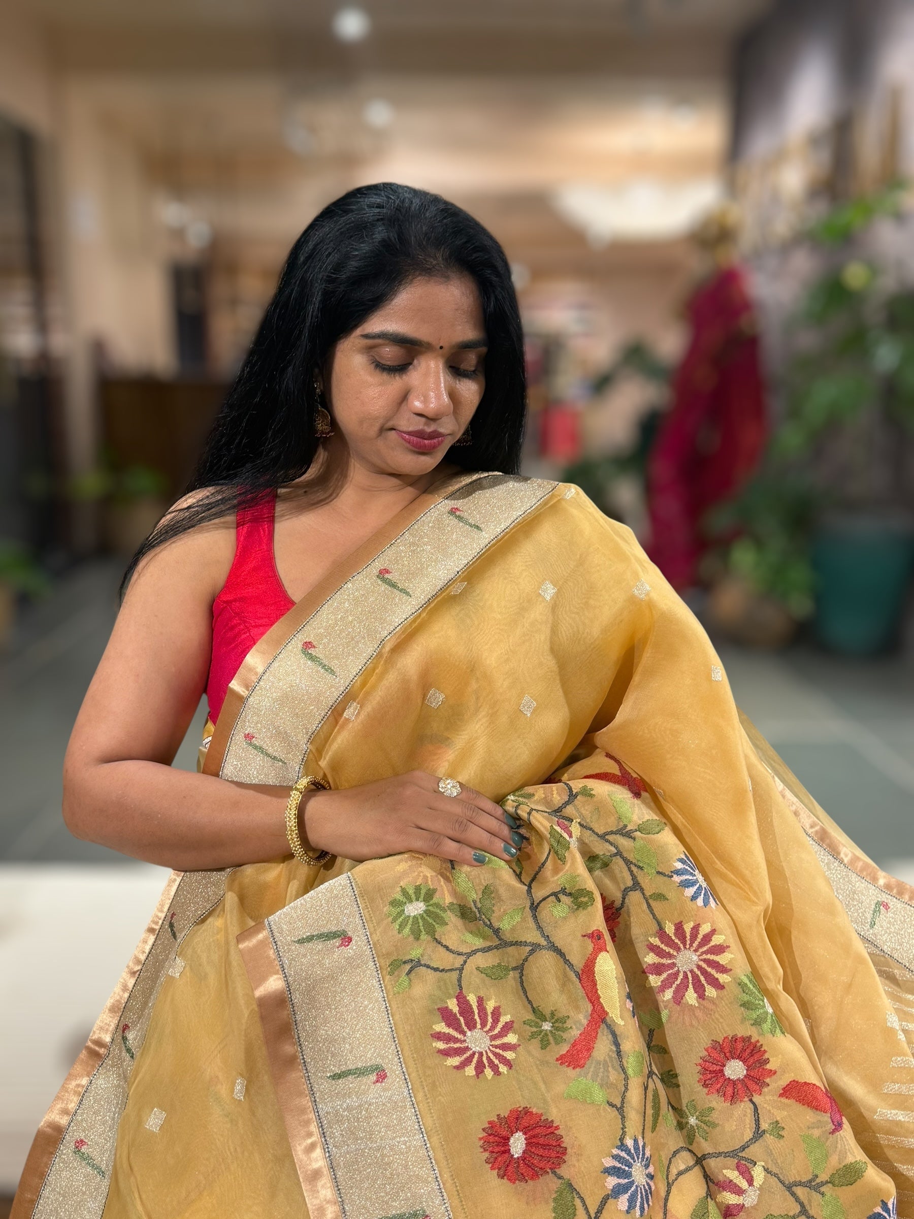 Beige Gold Organza Silk Saree With Jamdani Inspired Embroidery