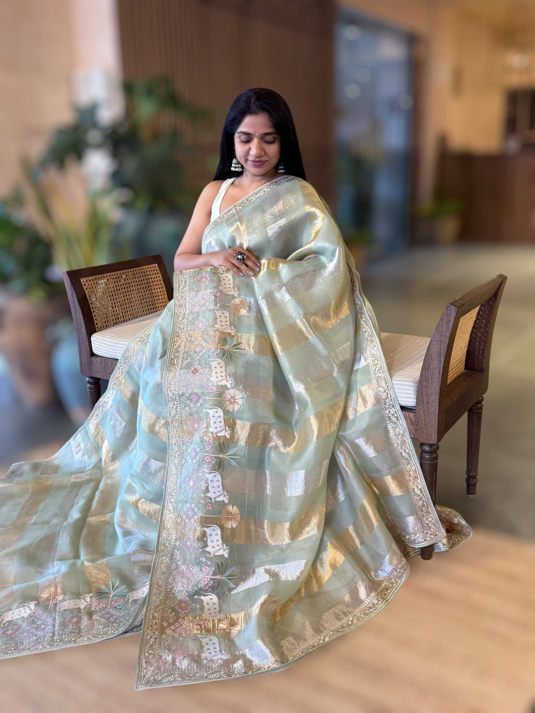 Pista Green Kora Tissue Stripes Saree With Jamdani  & Pichwai embroidered Border