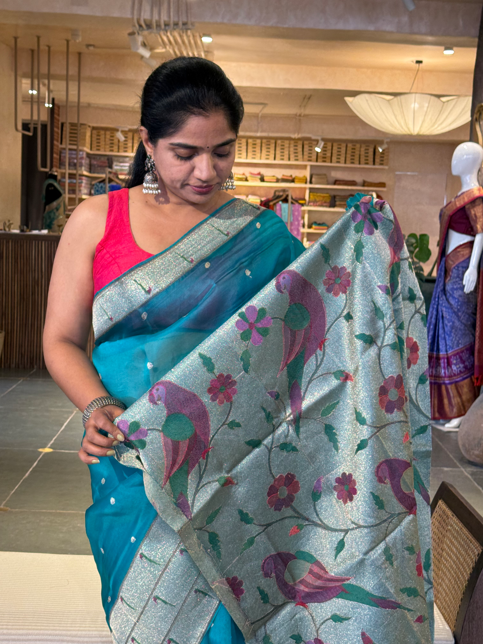 Peacock Blue Pure Handloom Kora Silk and Pythani Fusion Saree