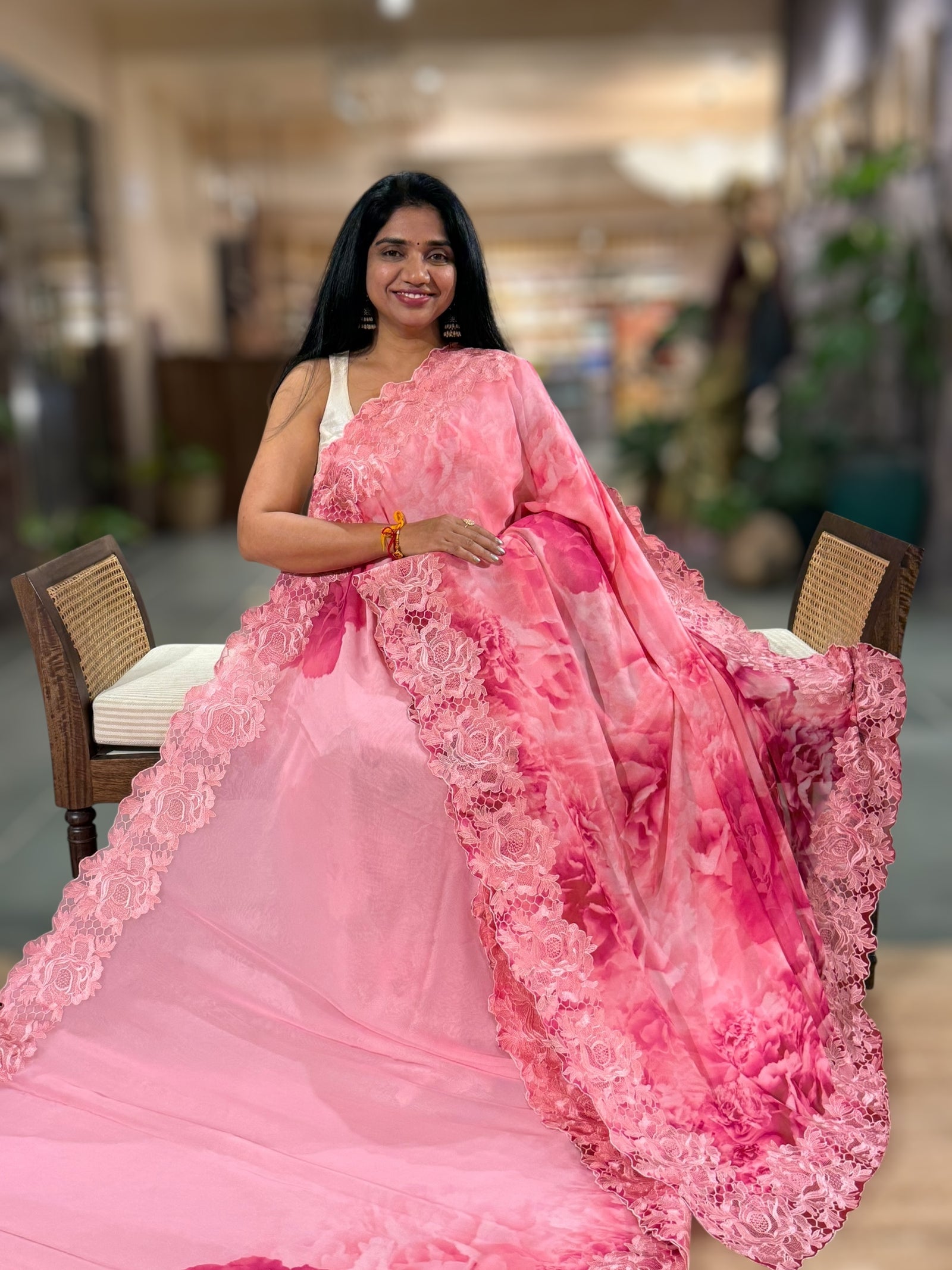 Coral Pink Gorgette  Saree With Chatilly Lace Style Cutwork embroidered Border