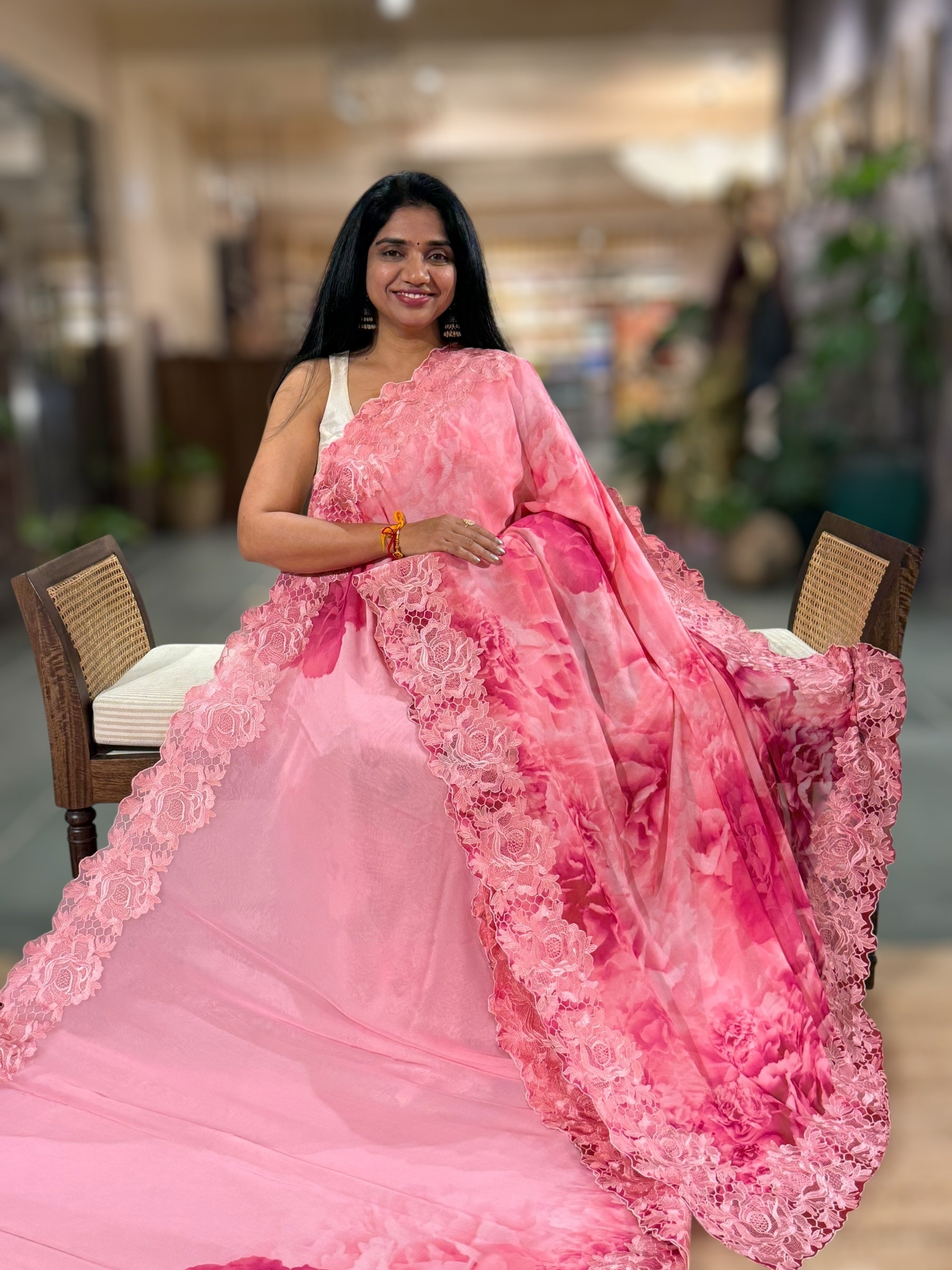 Coral Pink Gorgette  Saree With Chatilly Lace Style Cutwork embroidered Border