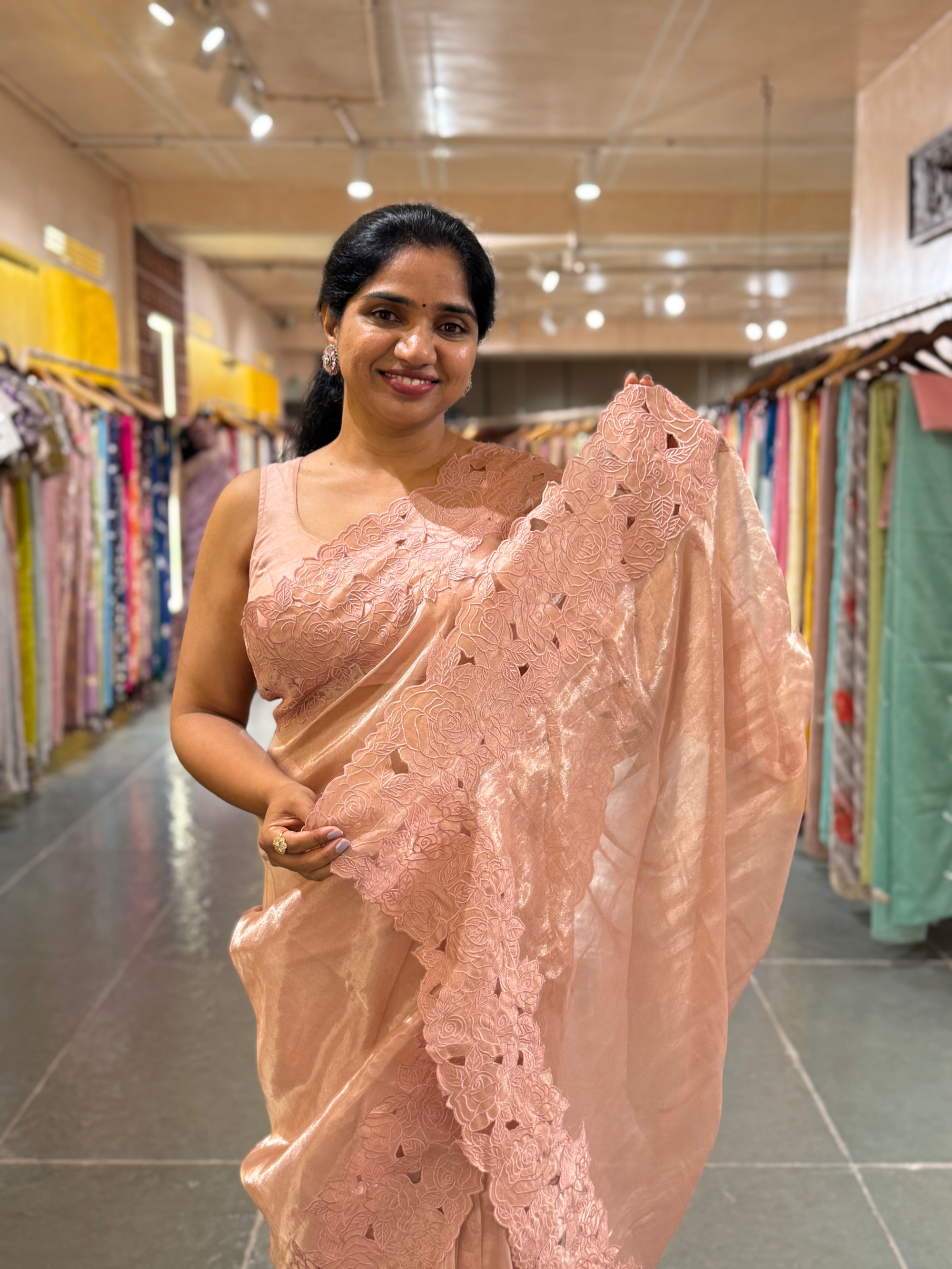 Nude Pink Pure Handloom Tissue Saree With Rose Cutwork Borders