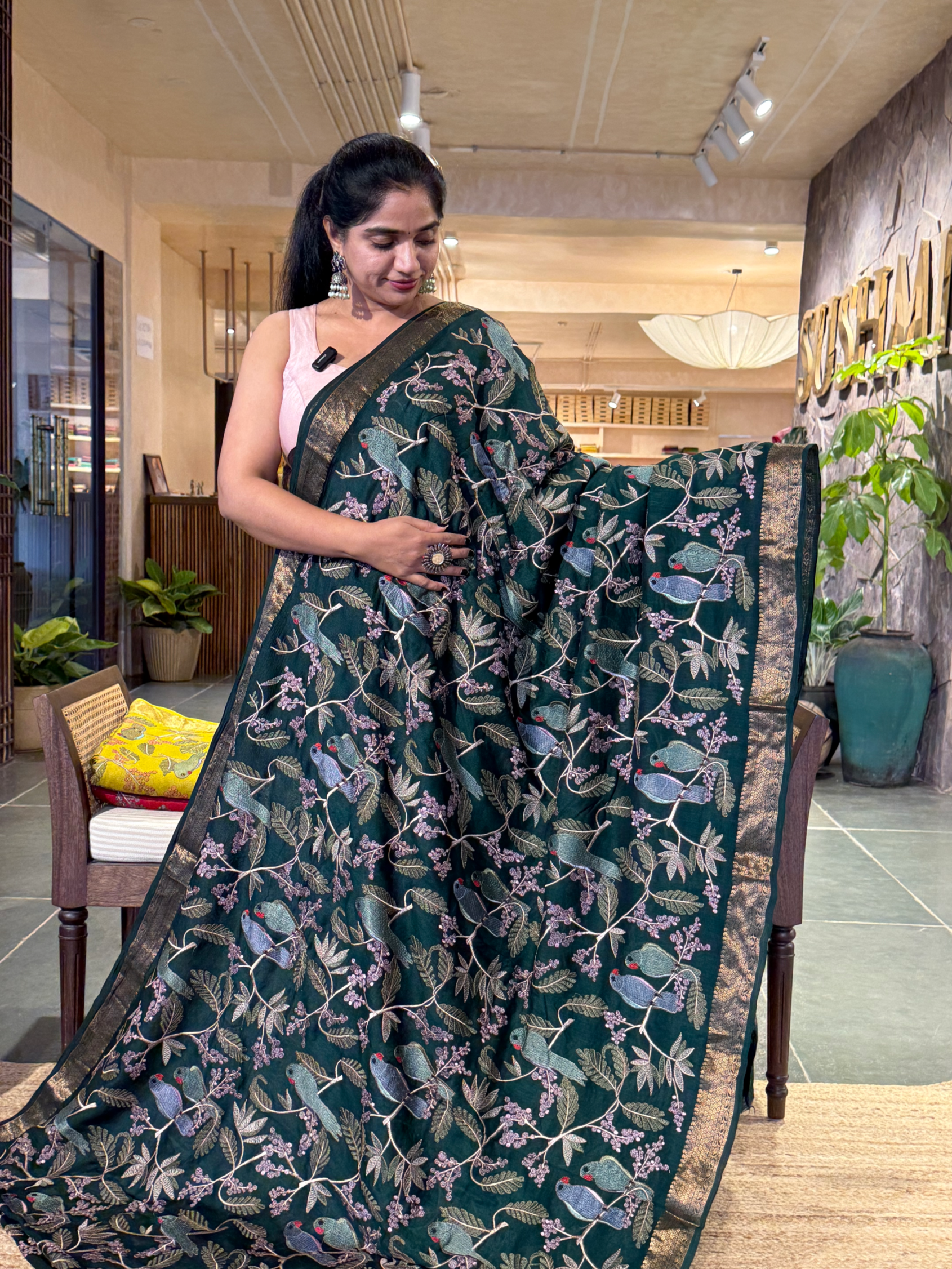 SMSEA113 Forest Green Pure Handloom Munga Silk Saree with allover  Embroidery