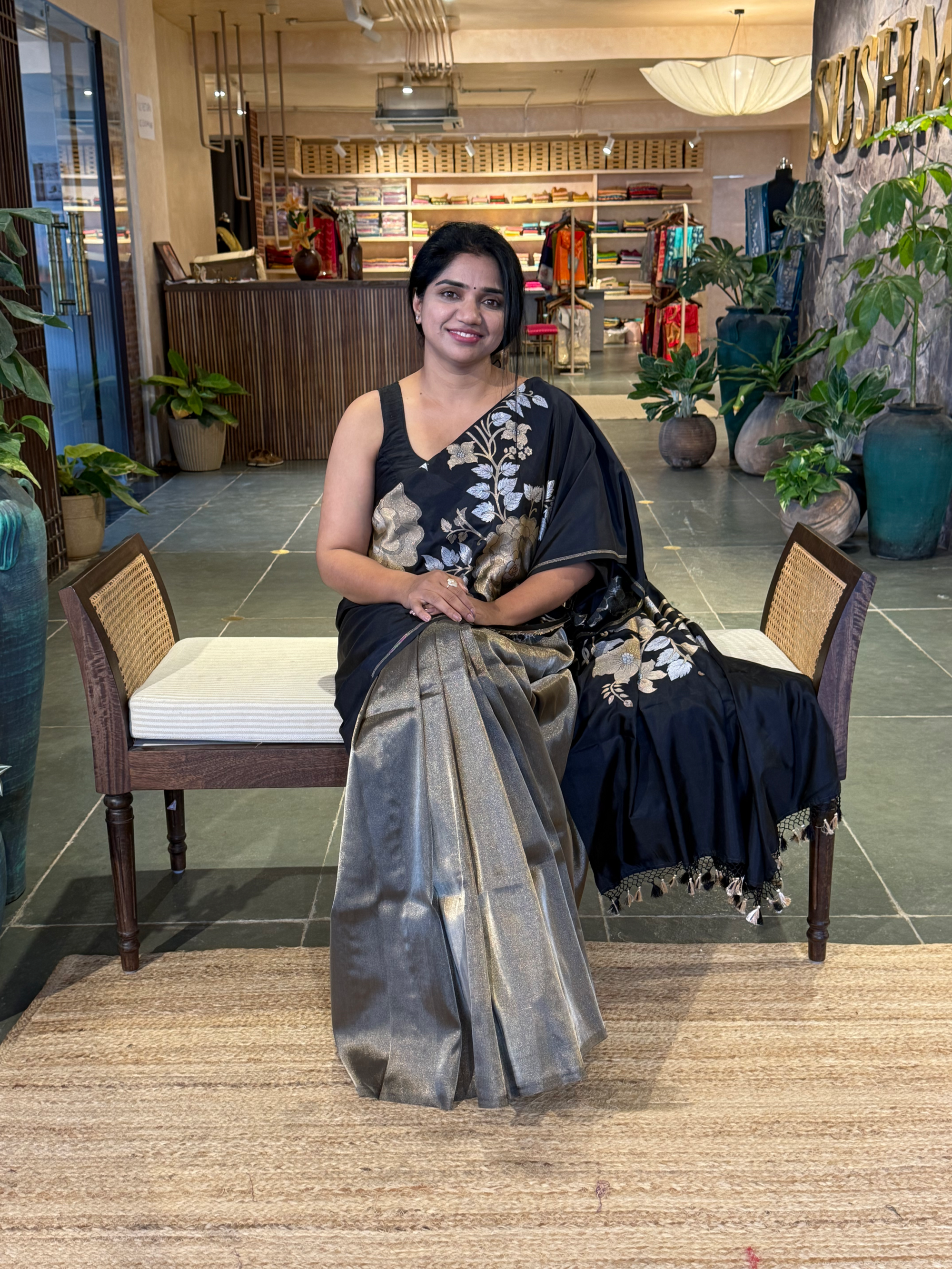 Black and Antique Gold Designer Banarasi Silk Saree