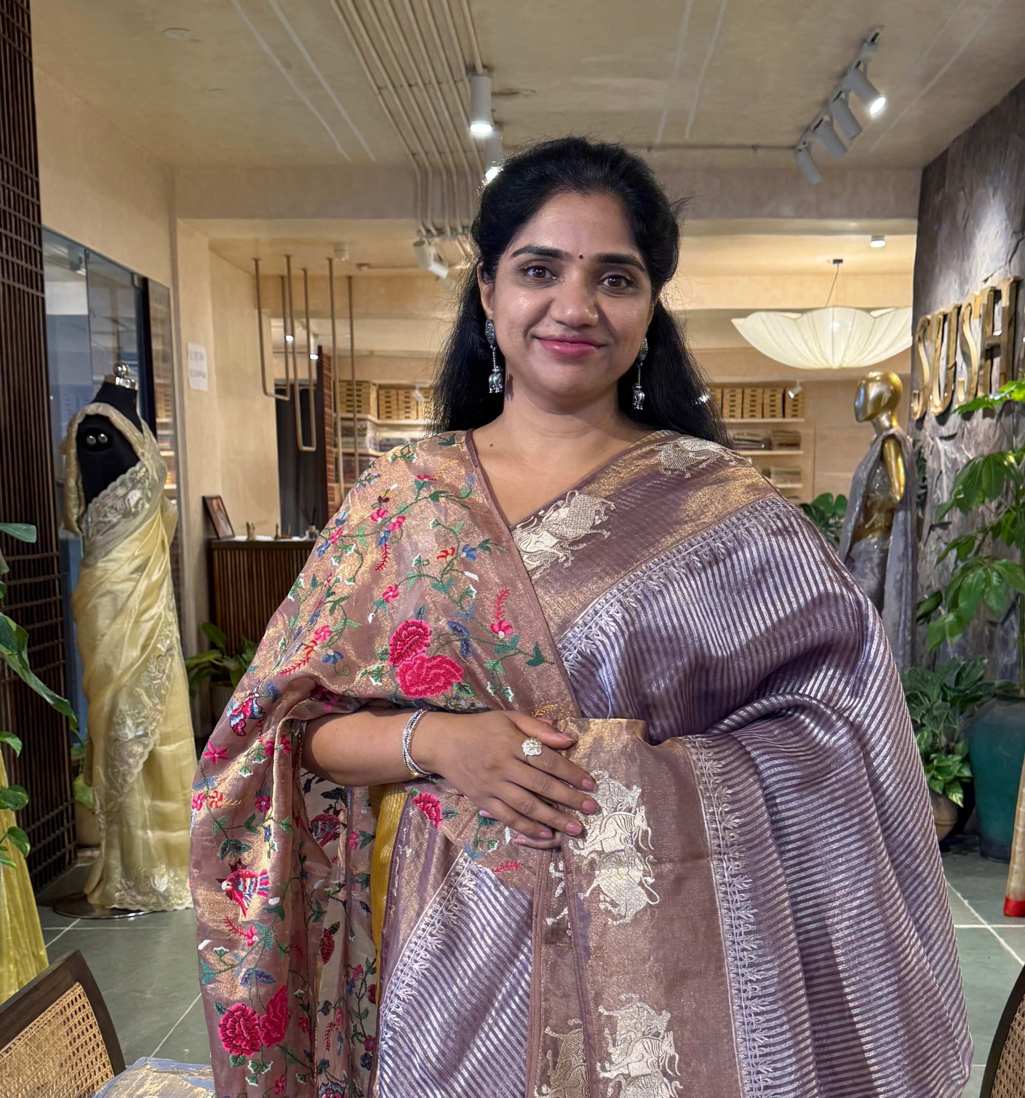 Mauve Tissue Stripes Saree with Nandi Border & Tissue Petite Point Blouse
