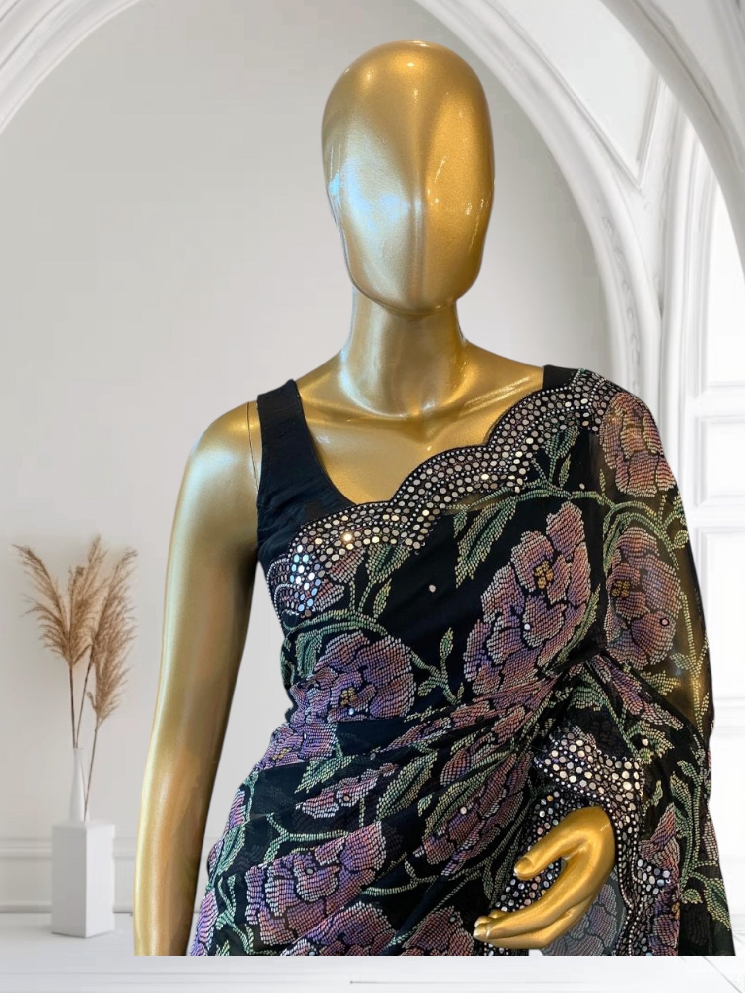 Black Gorgette prints with handwork mirrorwork borders