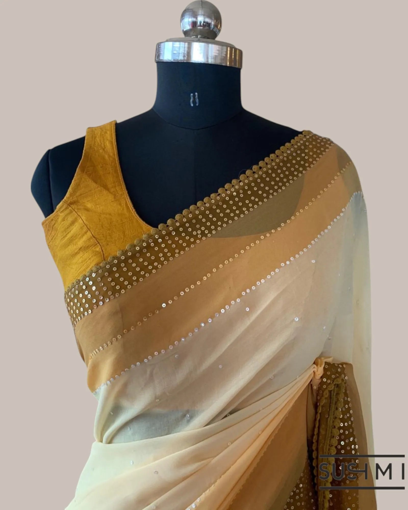 Light mustard Pure Gorgette Saree With Shaded Sequnce Border