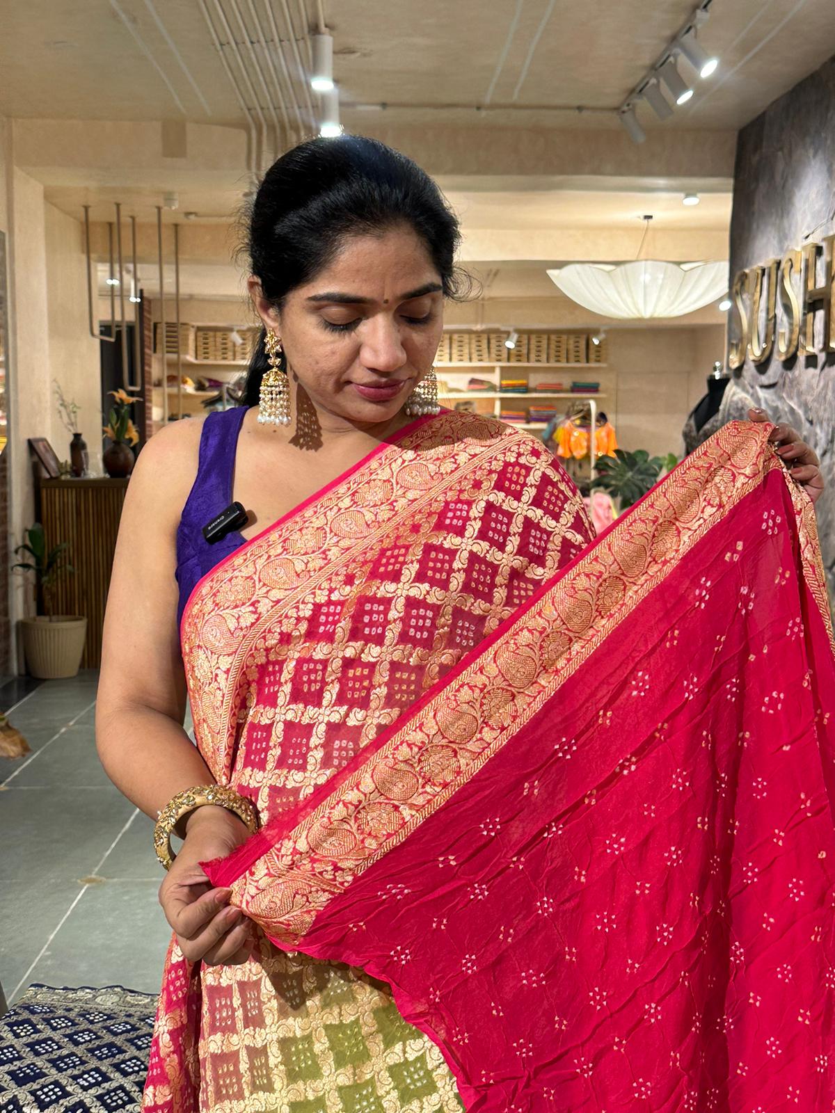 Pista and pink banarsi khaddi georgette handmade bandhej work