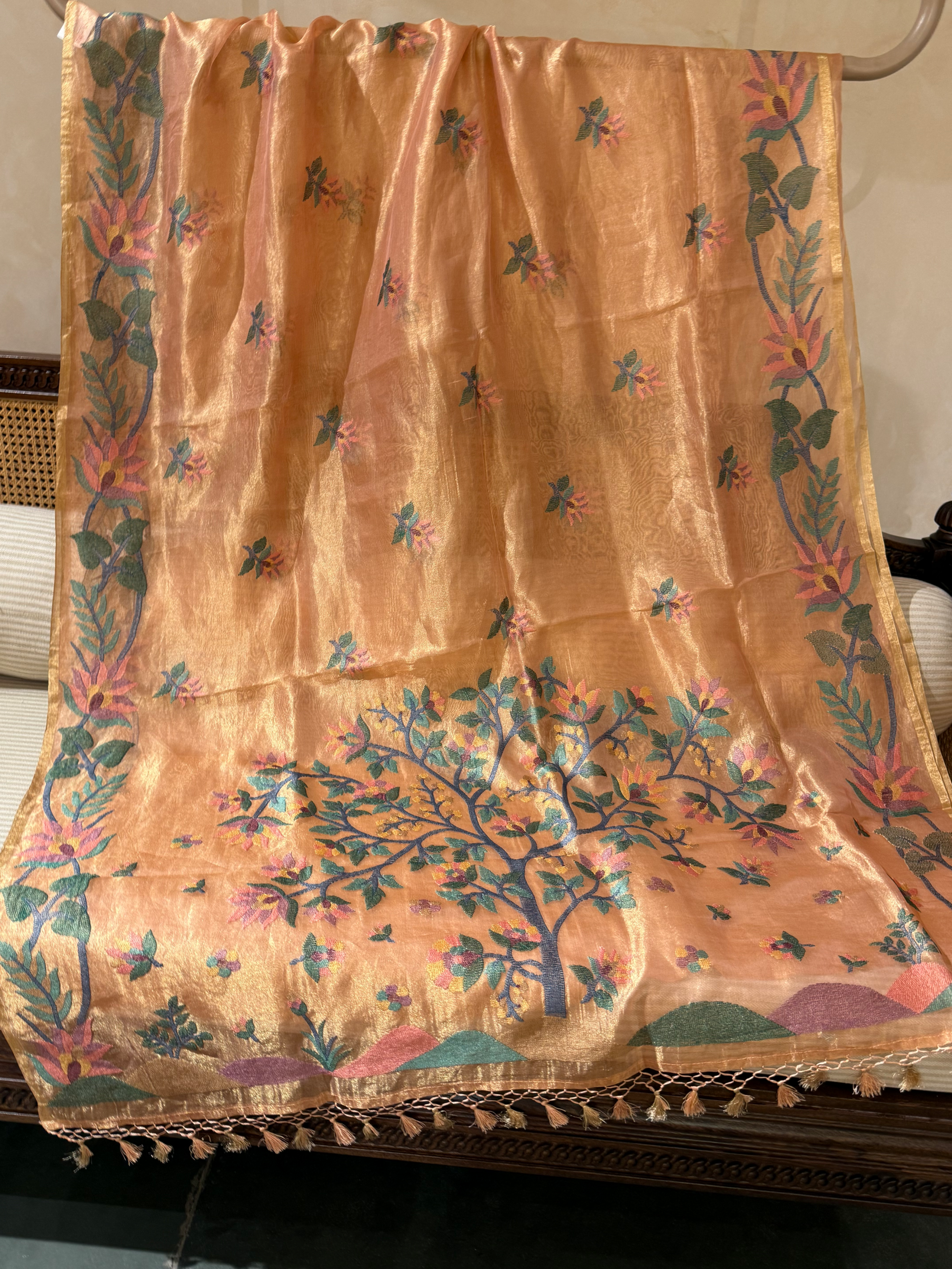 STJA207 : Peach Tissue With Jamdani Look Embroidery