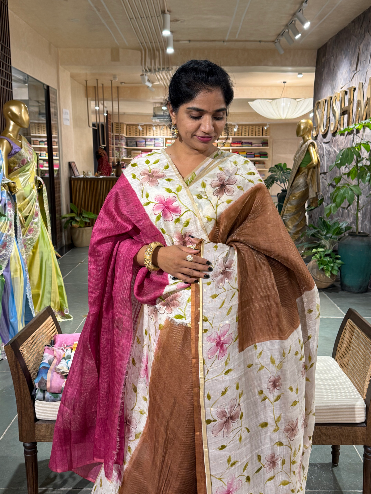Brown Tussar Kota Tissue Saree with Handpainted Muslin Border and Pallu