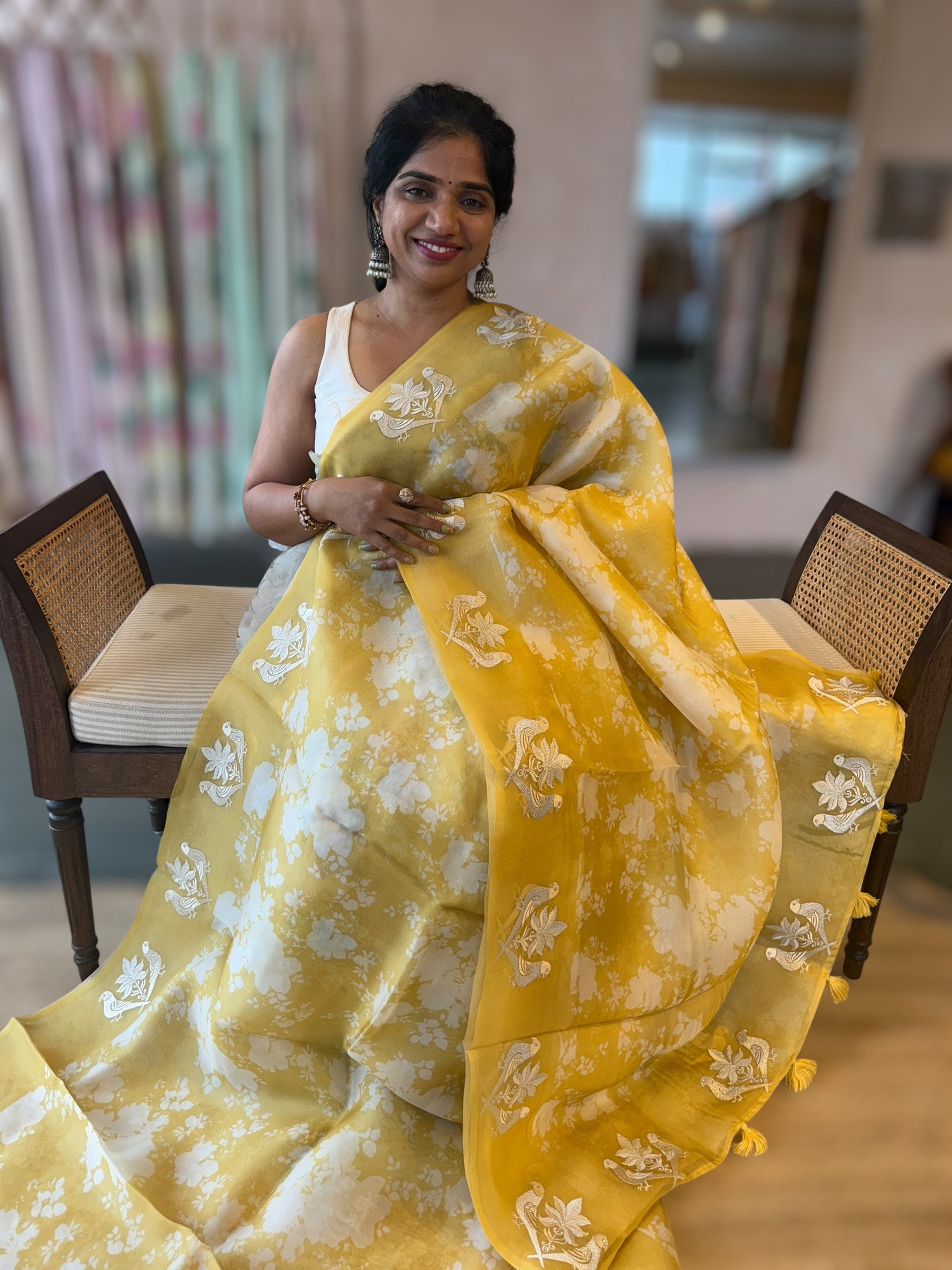 Yellow Floral Printed Pure Organza Saree With Birds  Embroidered Motif  Border
