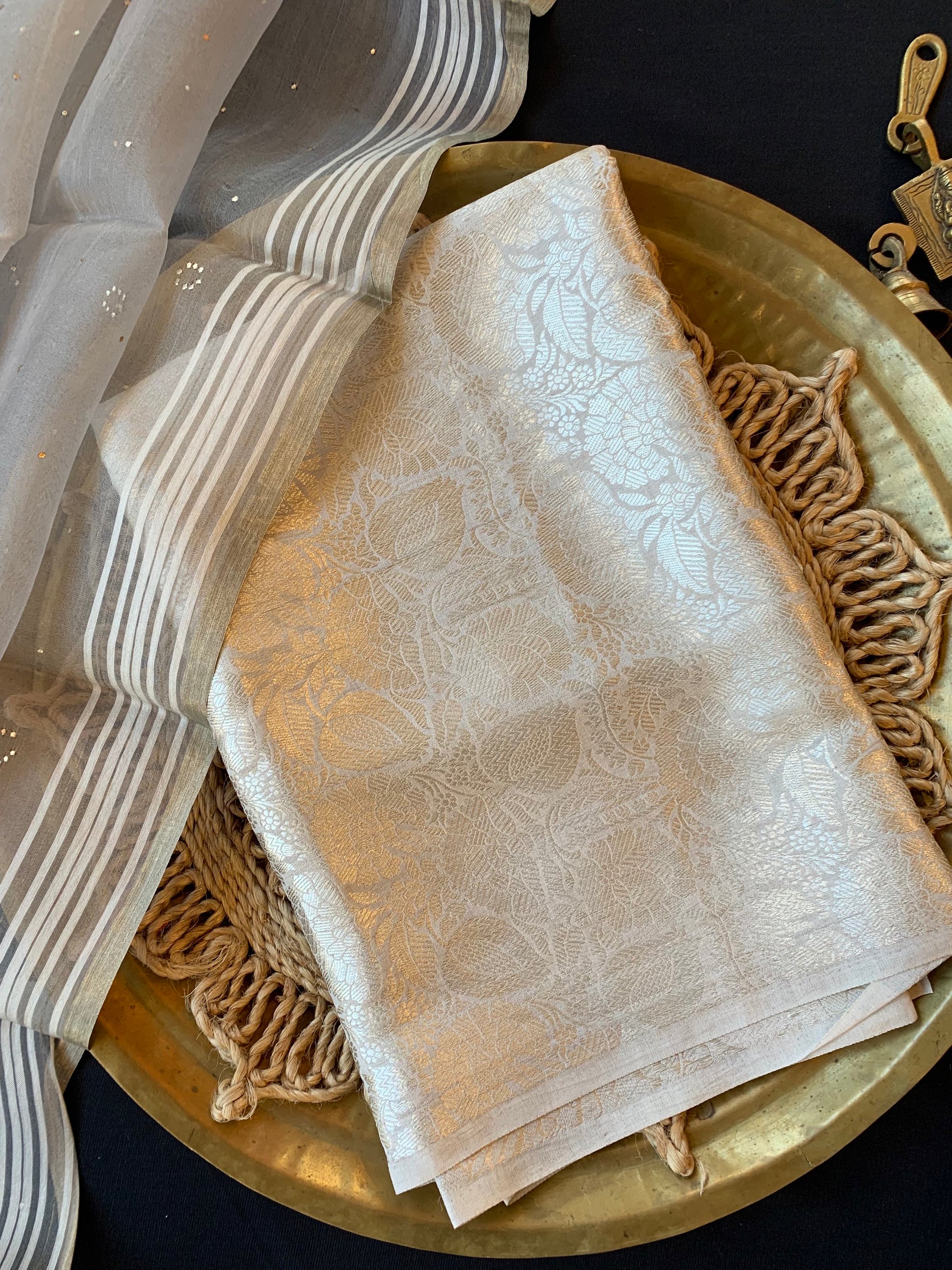 Greyish Silver  Banarasi Handloom Brocade 3 pc suit set