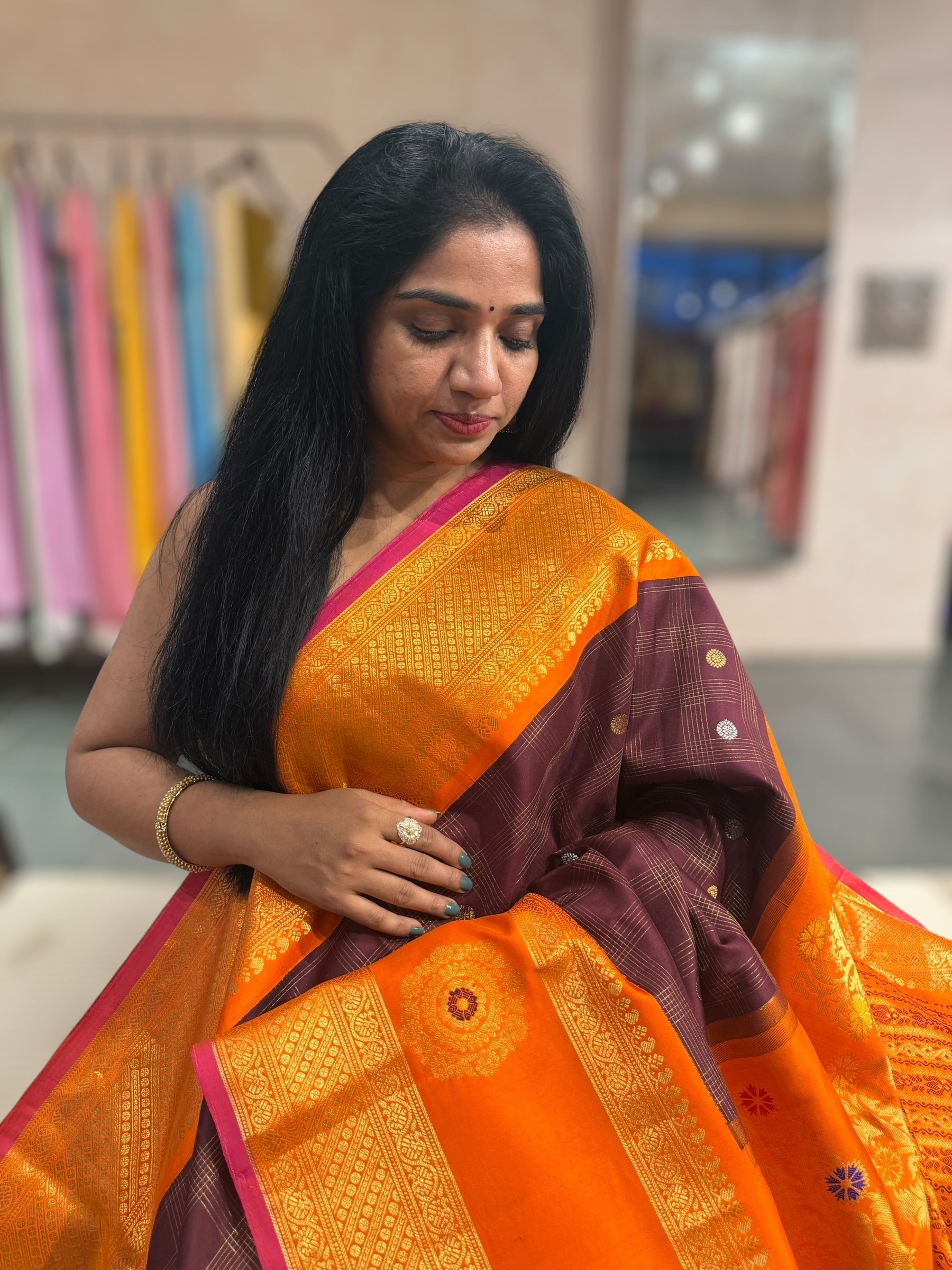 Brown & Orange Combo Pure Handloom Gadwal Kanchi Saree with Gap Borders r