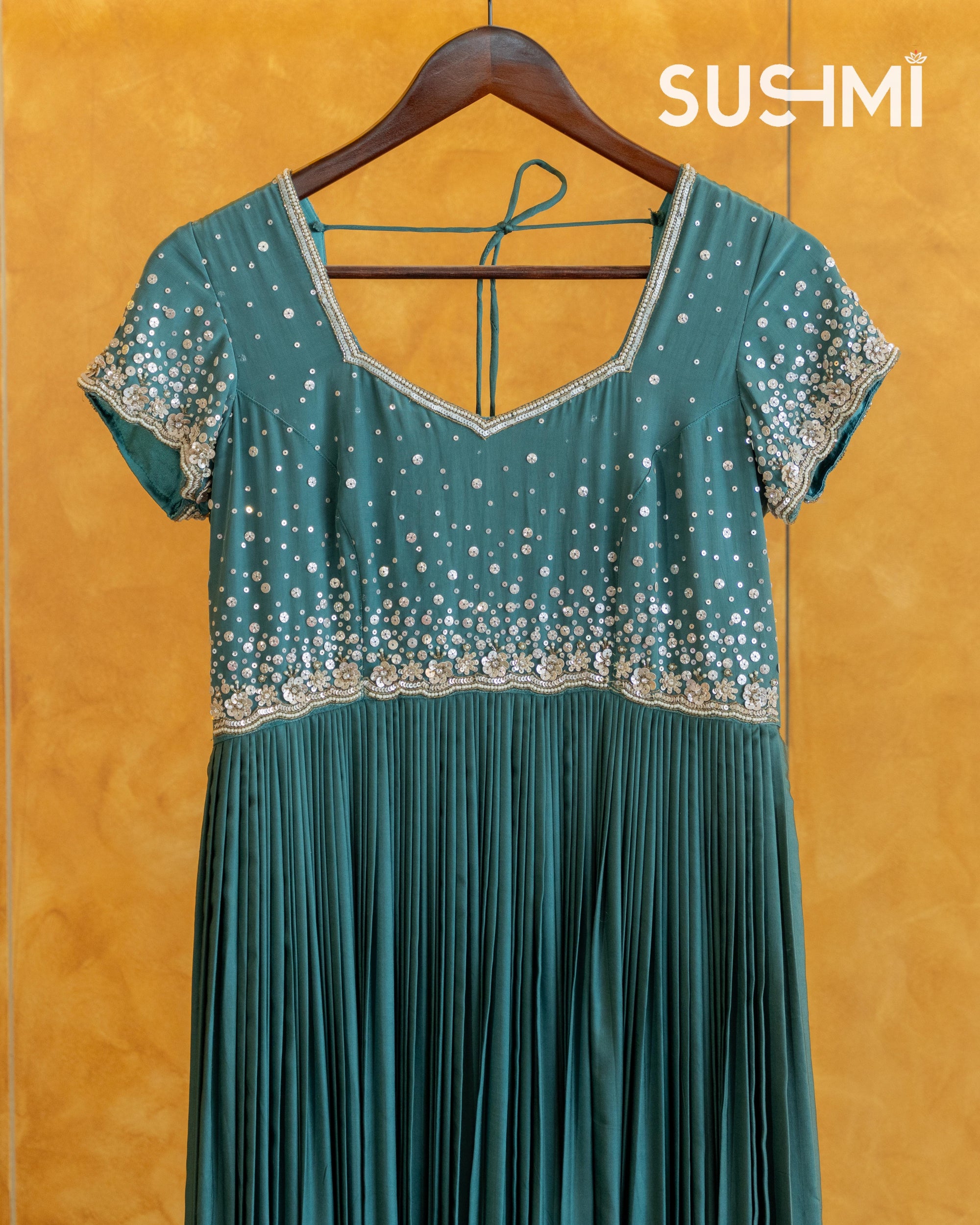 Peacock Blue Modal Satin Silk Long Frock with handwork yoke