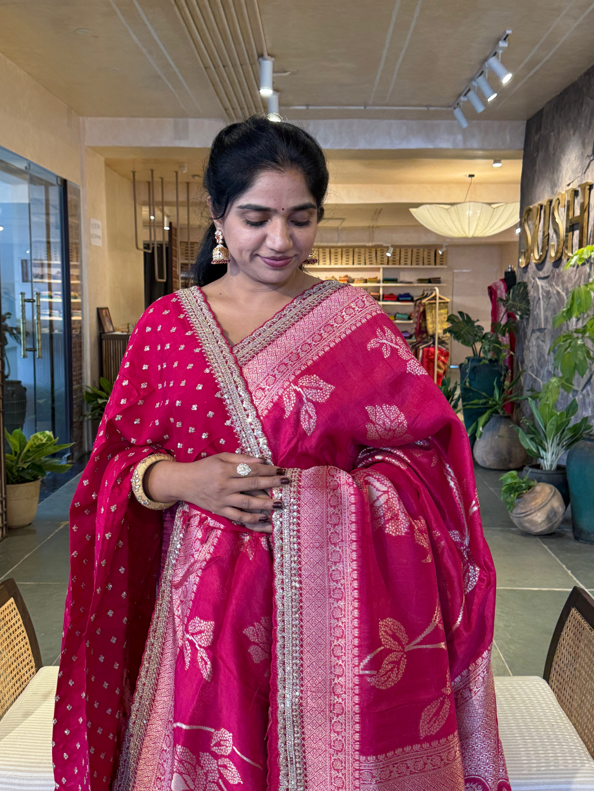 Rani Pink Tussar Khaddi Saree wth Allover weaving & sabhyasachi borders STKM15