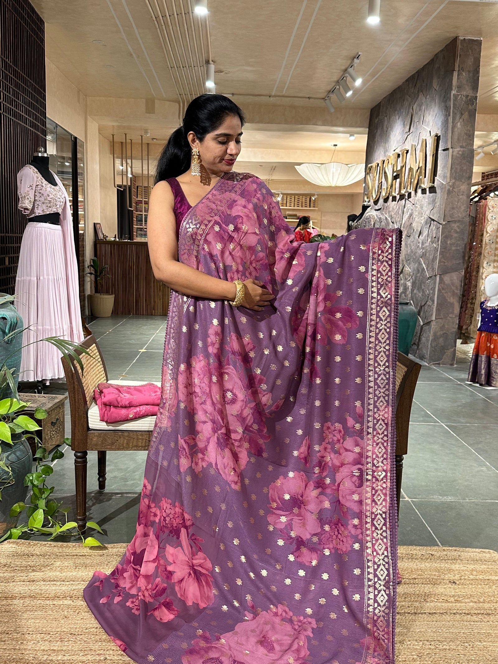 Pure Gorgette Sequnce Saree In Sabhyasachi Style With Statement Floral Print