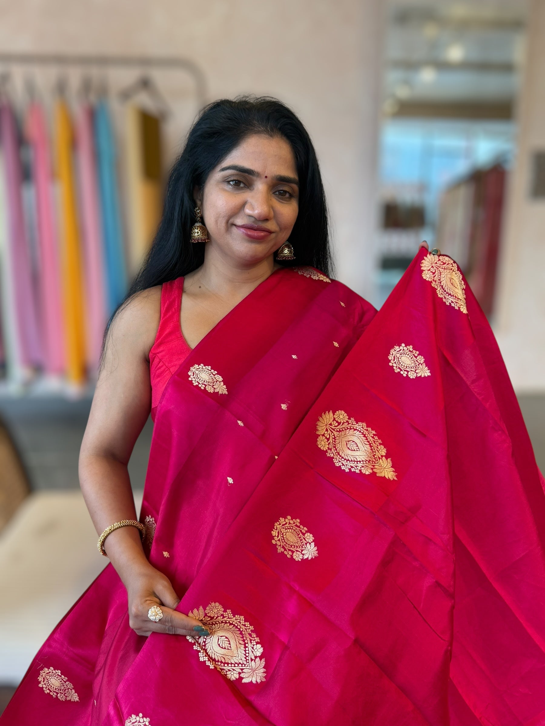 Ruby Pink Banarasi Raw Mango Silk Saree with Open Borders & Kaduwa Woven Motifs