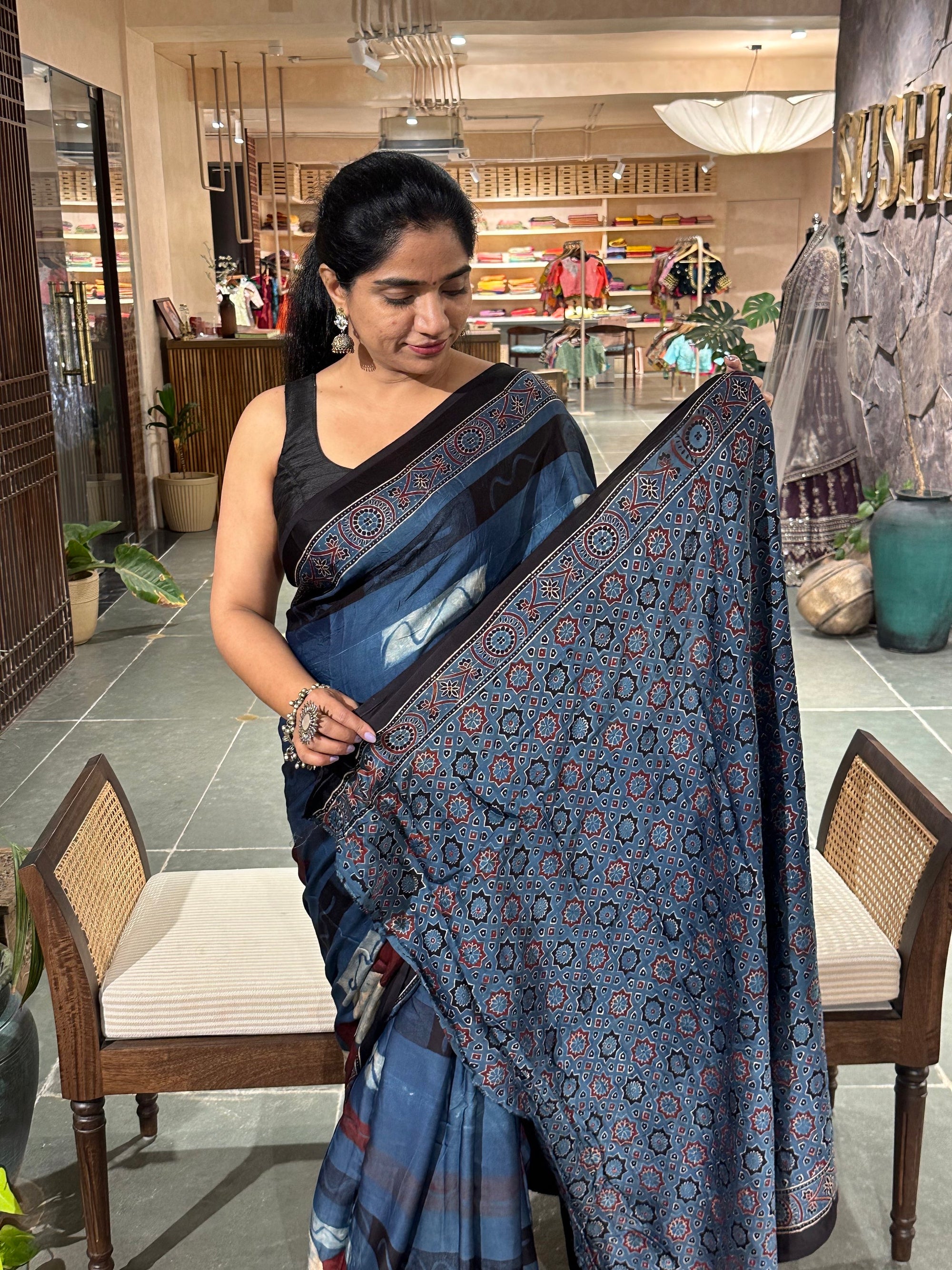 Indigo Ajrakh saree in Pure Modal Satin Silk with beautiful ajrakh pallu &blouse