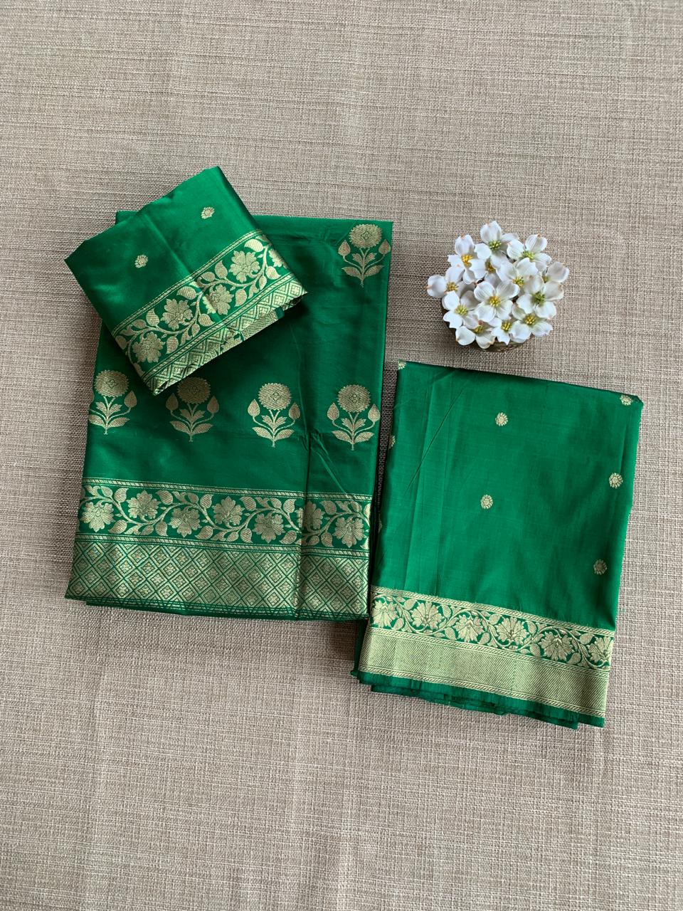 Pure Handloom Katan Silk  3 pc Suit Set with  kaduwa weaving
