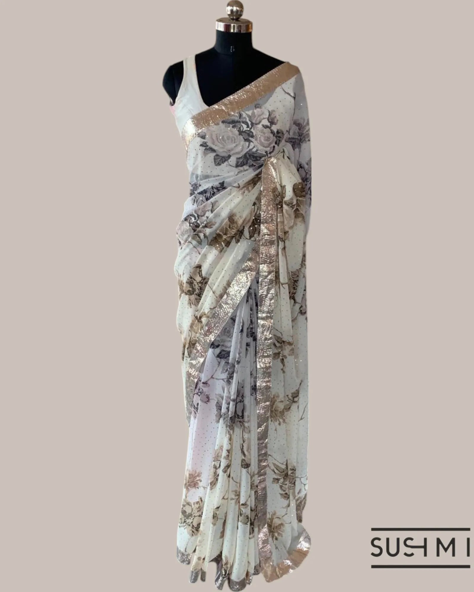 Shaded Gorgette Floral Printed Saree with allover sequence & hemlined gota lace