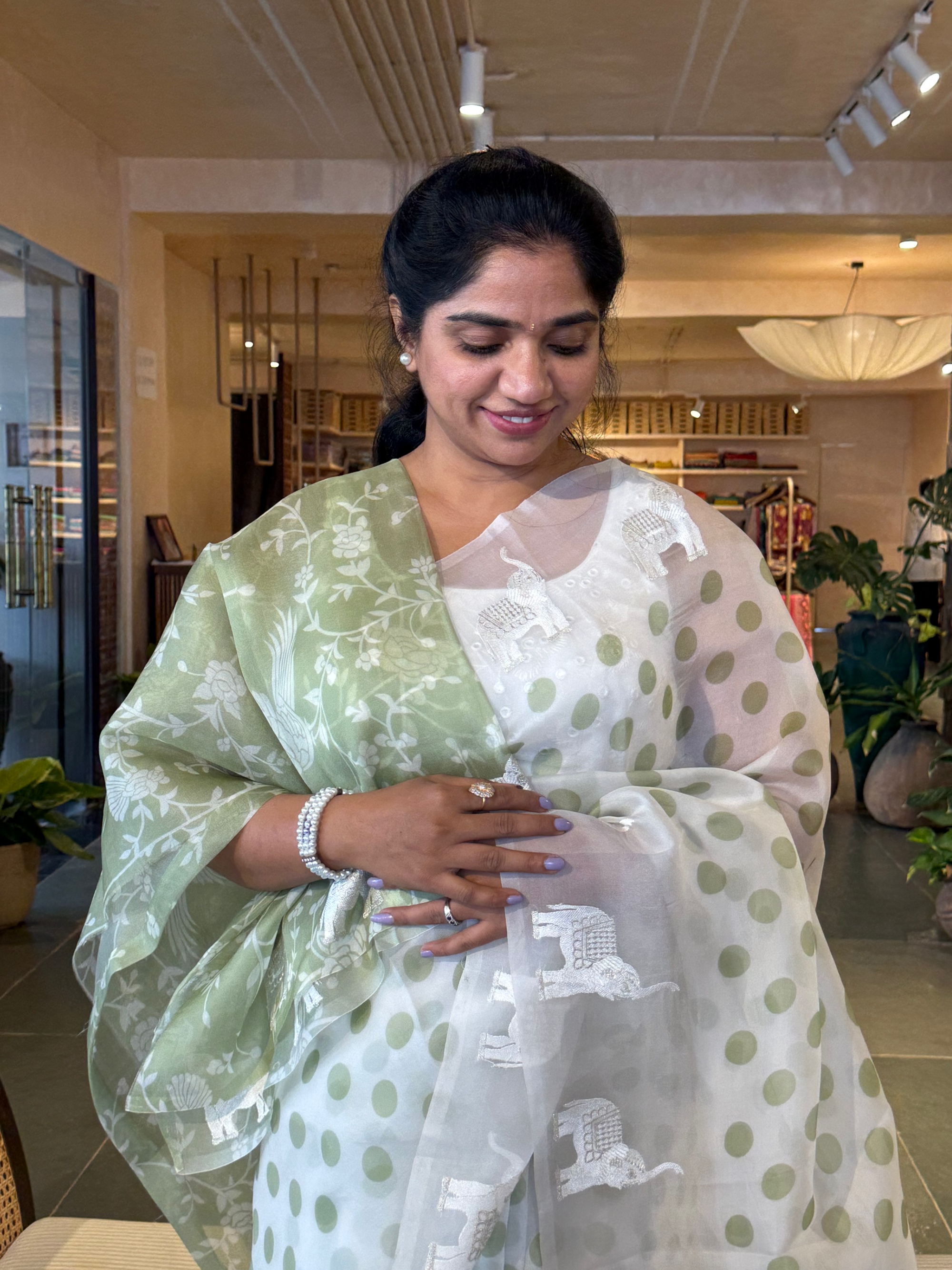 SOCH1304 :White & Green Organza Saree Wth Embroidered ElephantBorder & Floral BP