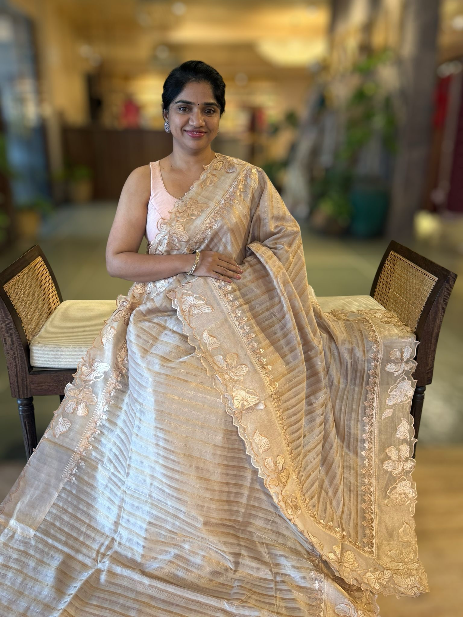 Earthy tone Mul Tissue Stripes Saree With Tissue Cutwork  Border & Blouse