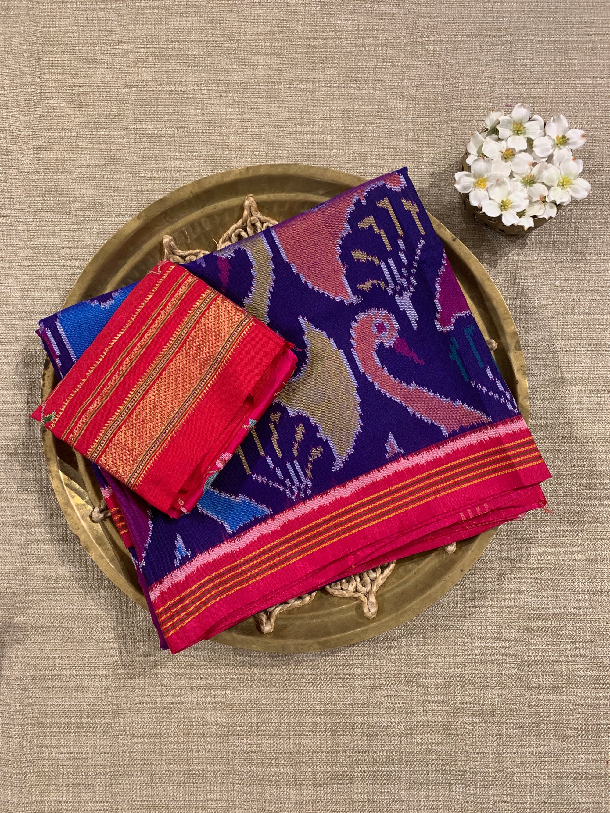 Purplish Blue and Reddish Pink Patan Patola Saree with Statement Swan Pattern