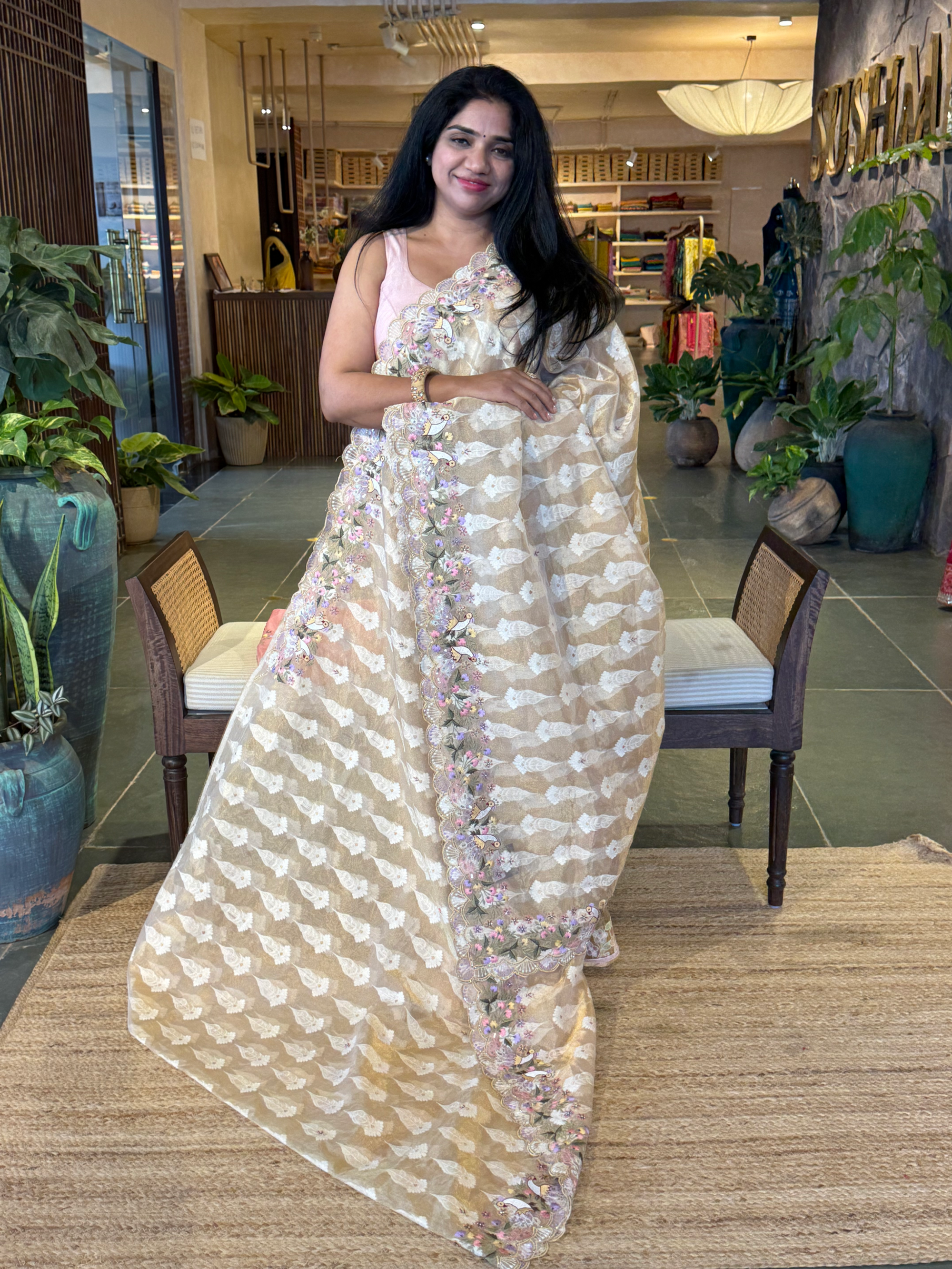 GTEA2002 : Pure Handloom Gold Tissue Saree With handwork borders and blouse