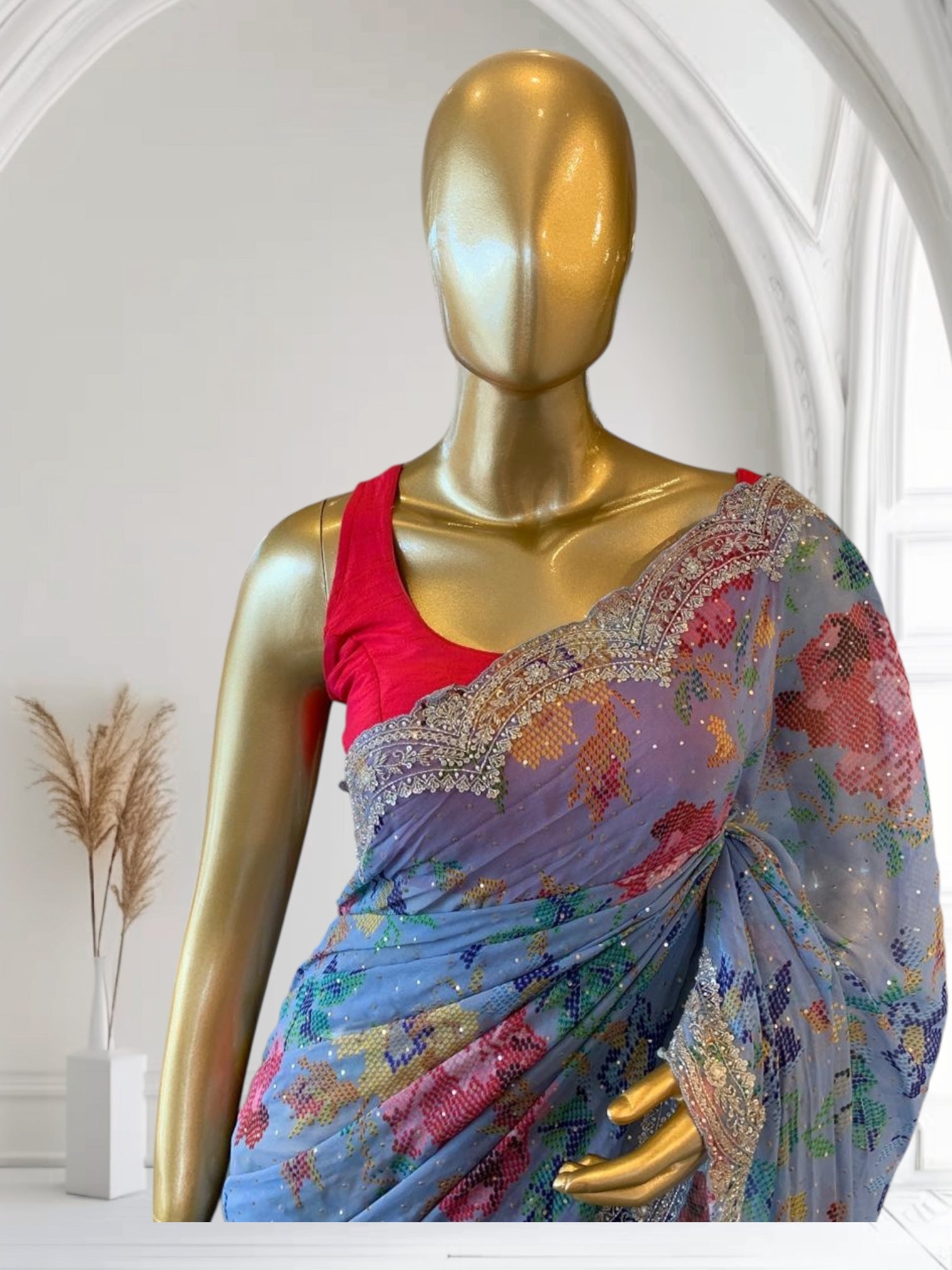 Blue Gorgette printed Saree  with handwork borders