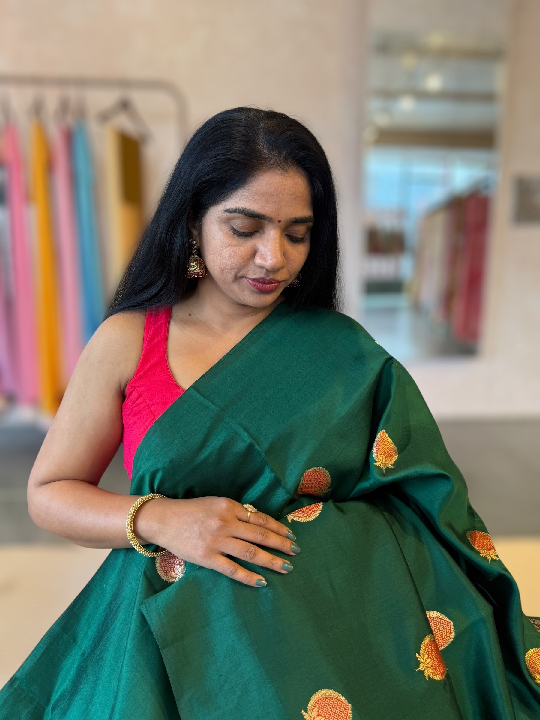 Forest Green Banarasi Raw Mango Silk Borderless Saree With Meenakari motifs