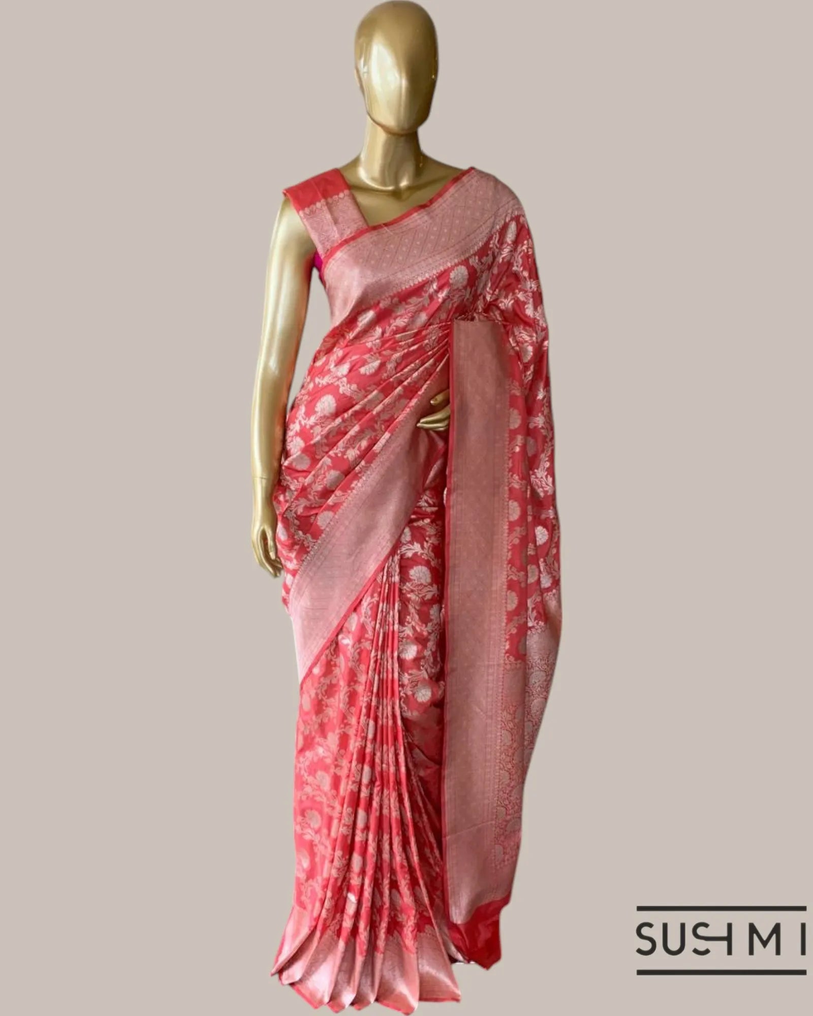 Kanakambaram Color Banarasi Katan Silk Saree with alliver  floral creeper jaal d