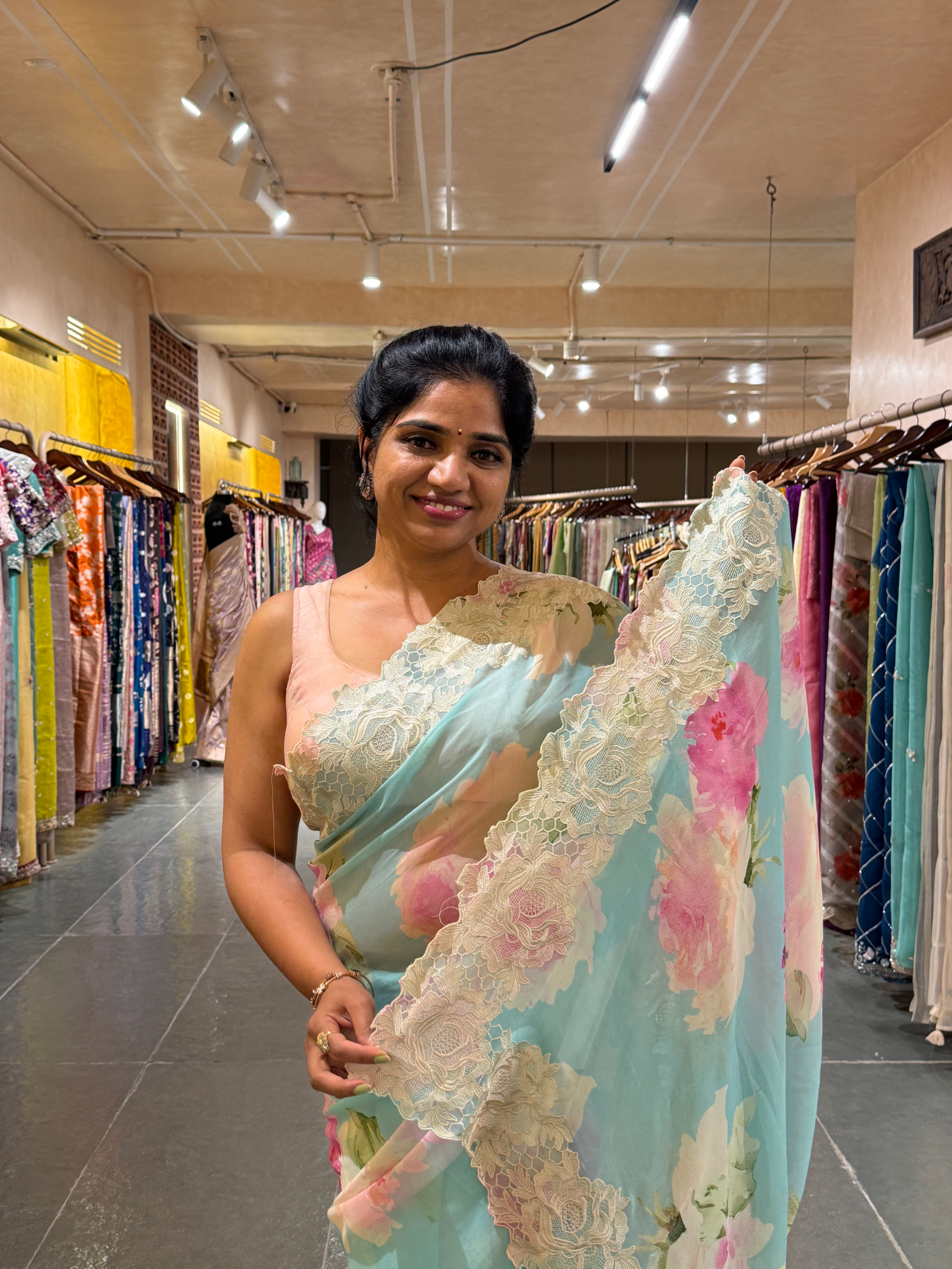 Gorgette Printed Saree With Cutwork Lace Border