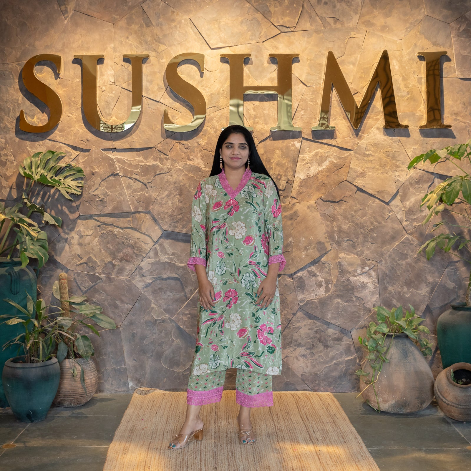 Floral printed coordset with lace hemline for neck and sleeves .Bottom is also p