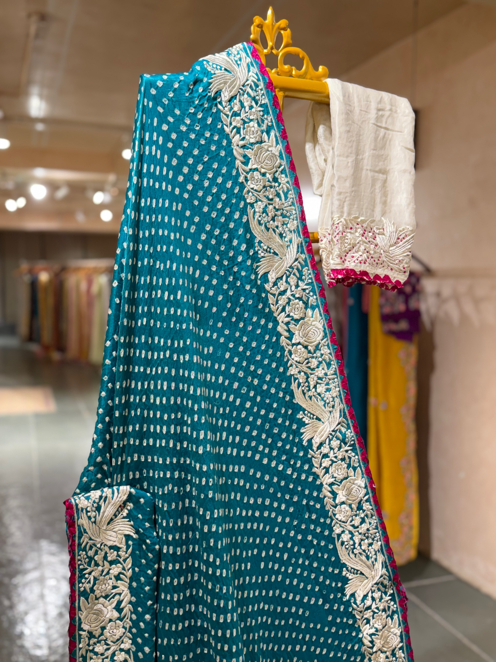 Peacock Blue Pure Gajji Silk Kutch Bandhej Saree with Parsi Gara Embroidery