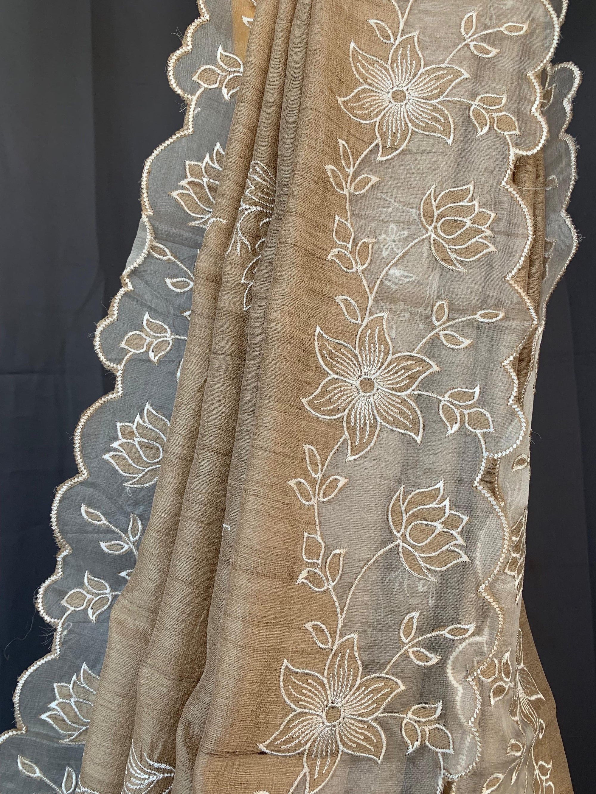 Pure handloom Tussar Designer Saree with Organza Applique Cutwork Border