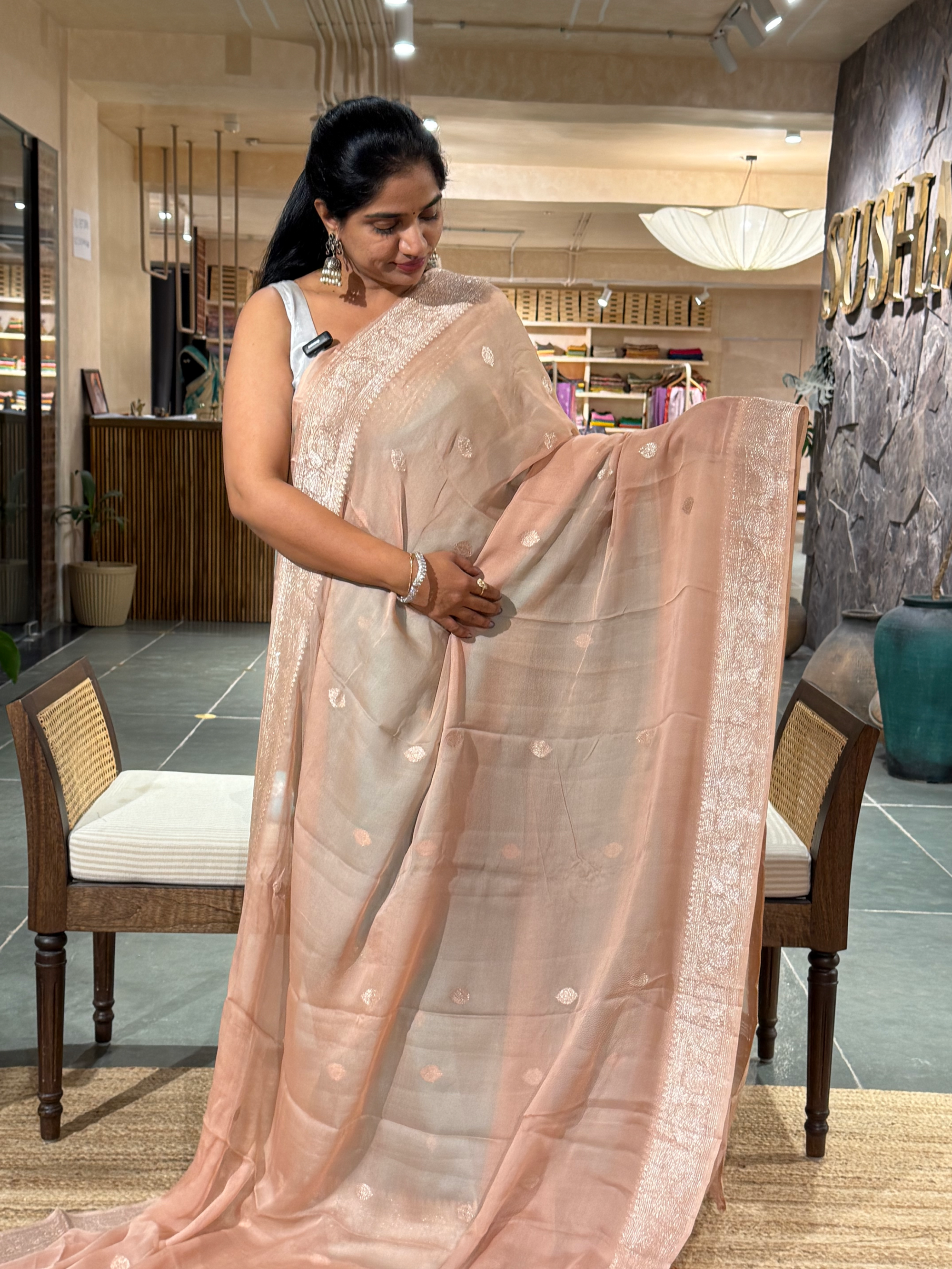 Nude Color Banarasi Handloom Khaddi Chiffon Saree with silver