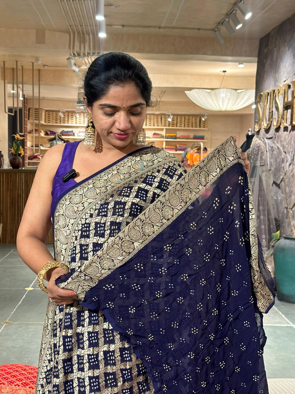 Midnight blue banarsi khaddi georgette handmade bandhej work
