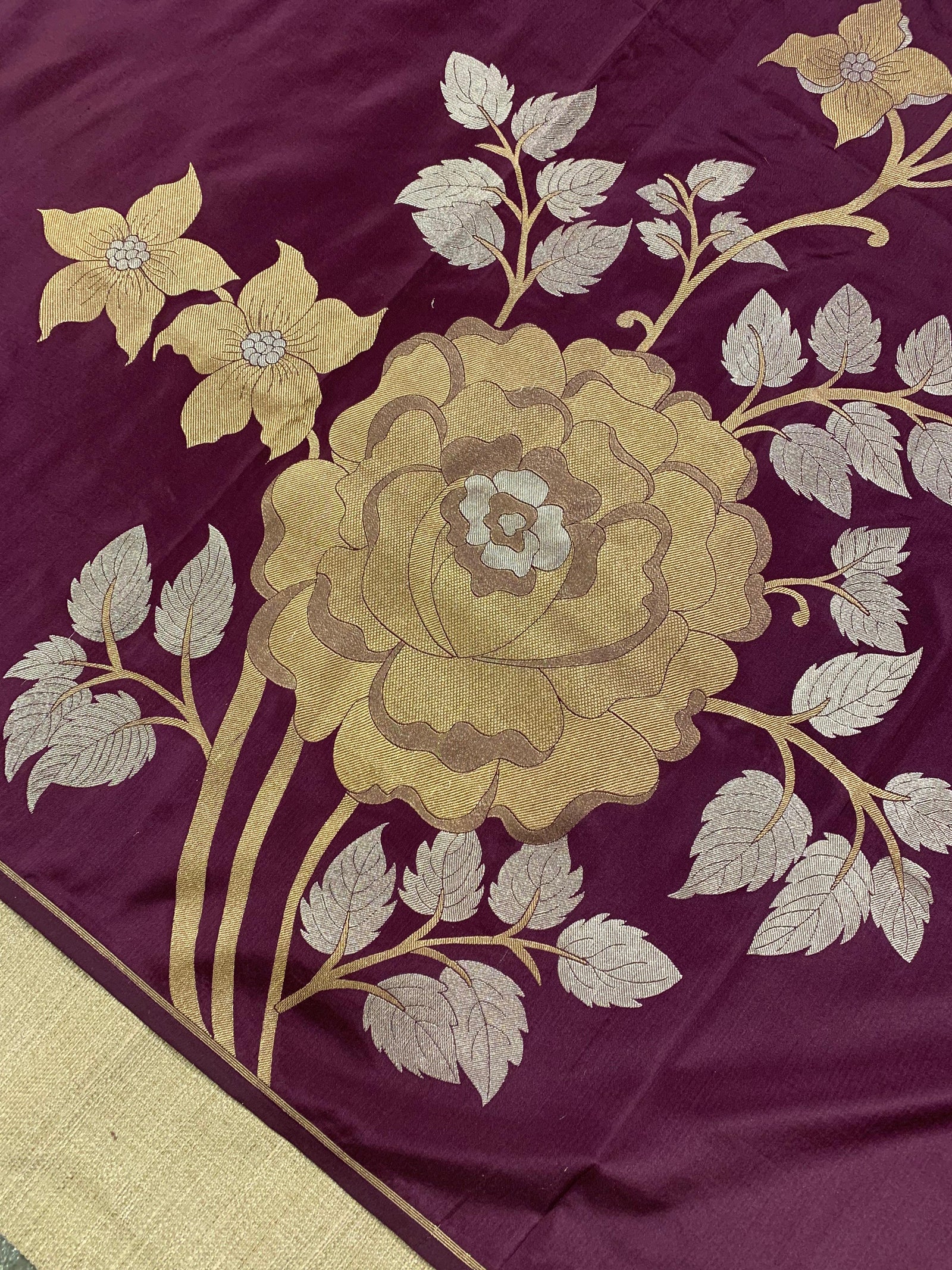 Wine and Antique Gold Designer Banarasi Silk Saree