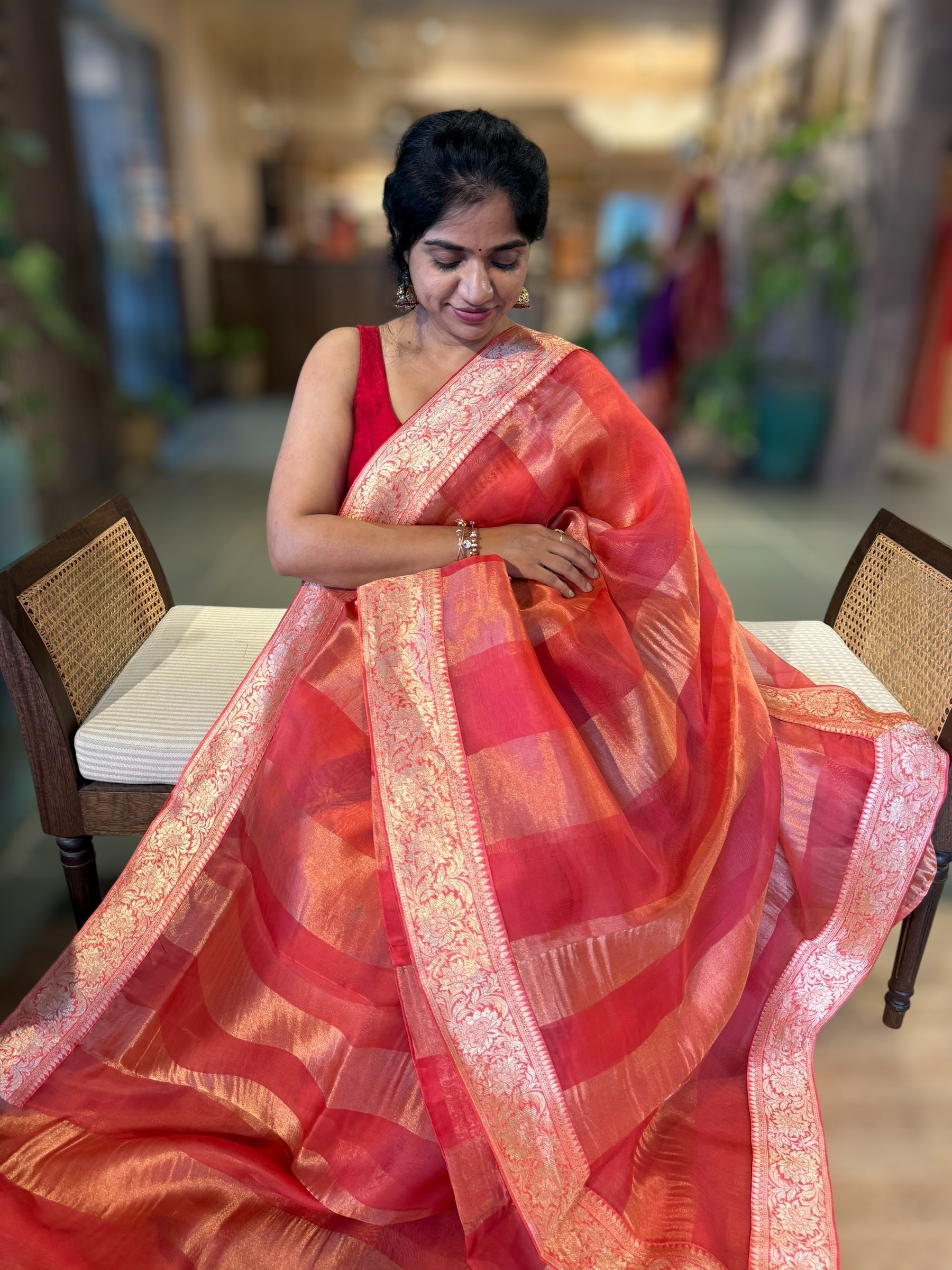 Koral Pink Banarasi Kora Tissue Stripes Saree With Banarasi Borders & Blouse