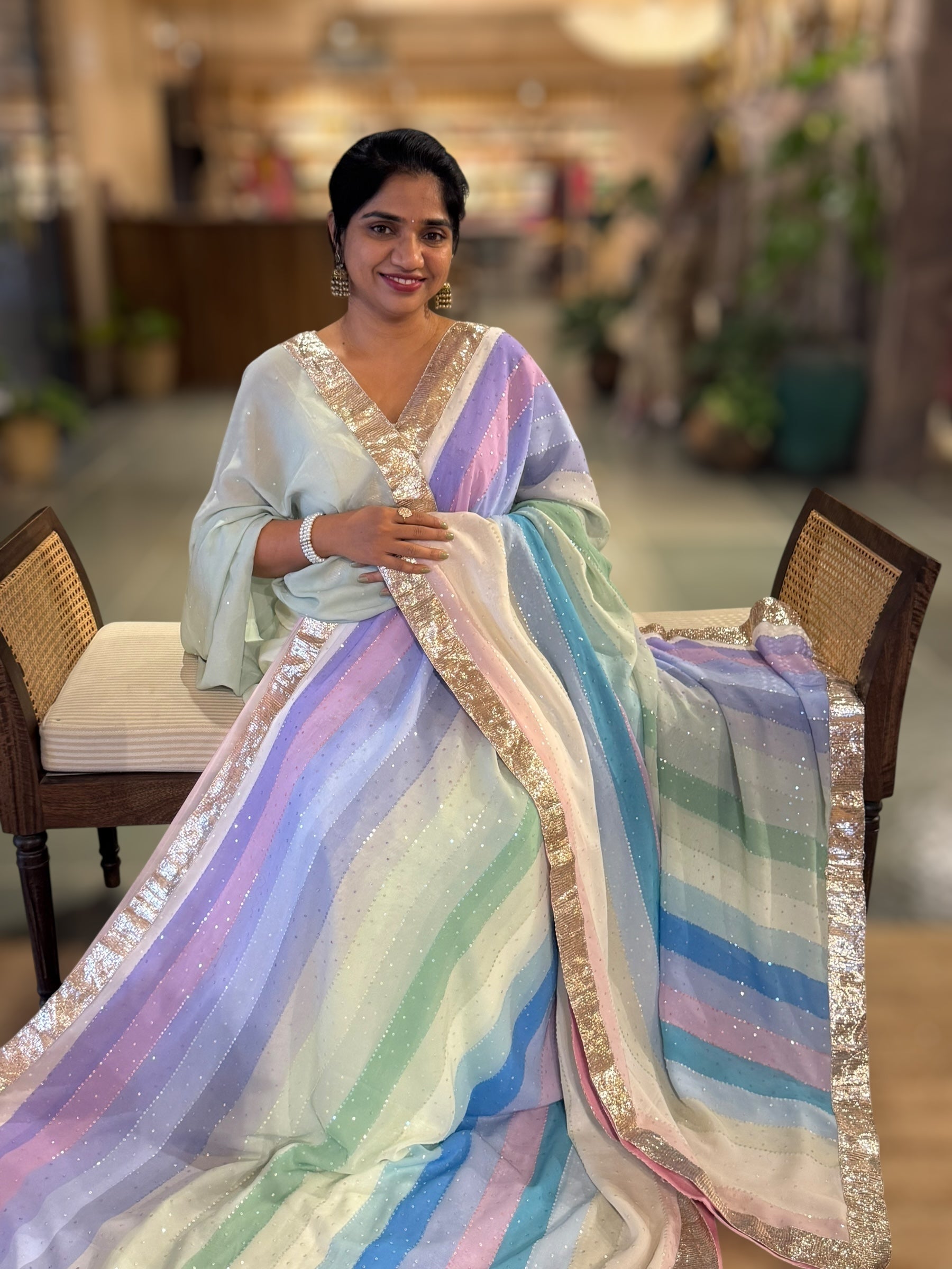 Multi Color Stripes Gorgette Sequnce Saree  With Gota Patti Lace Border
