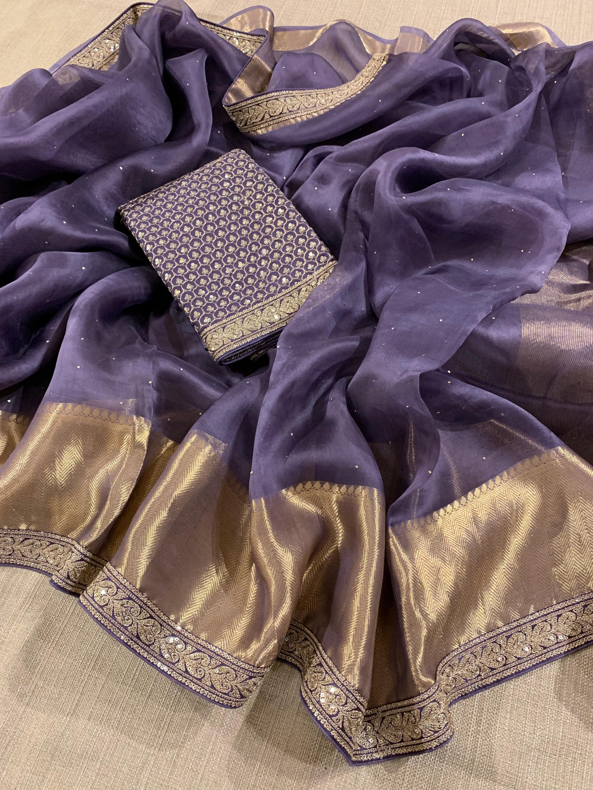 SK1091414ORG:Bluish Violet Kanchi Kora Saree with allover mukaish handwork