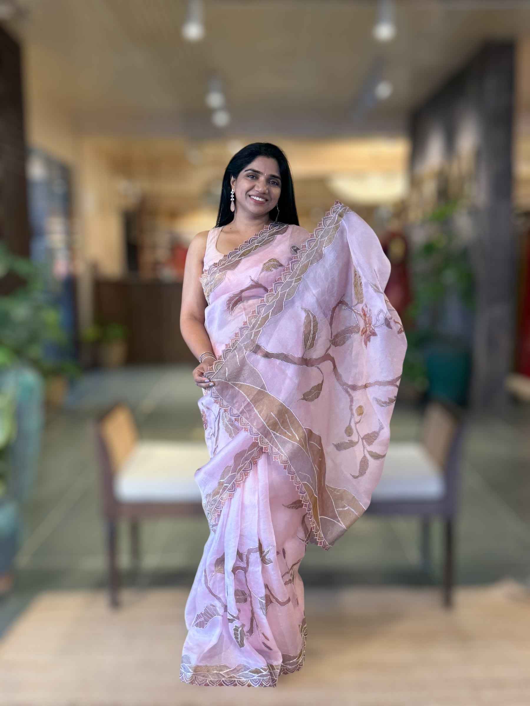 Rose Pink Pure Organza Saree with one of a kind Tissue Applique work allover