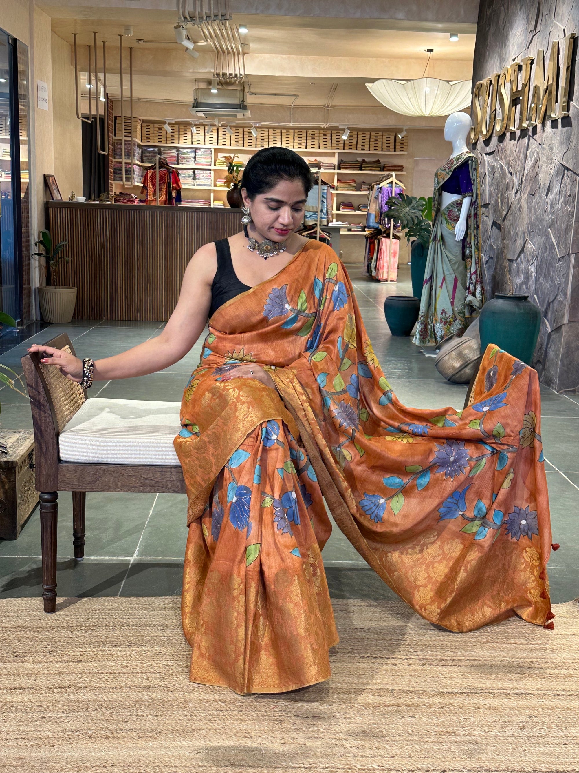 Rust Orange Pure Handloom Munga Banarasi Saree with pichwai handpainting .