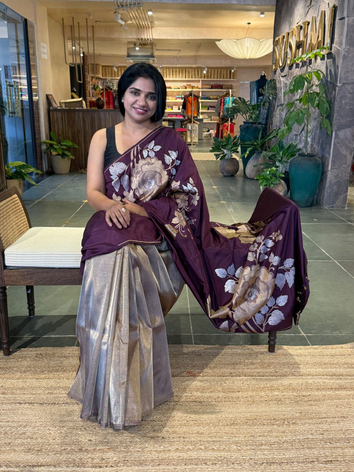Wine and Antique Gold Designer Banarasi Silk Saree