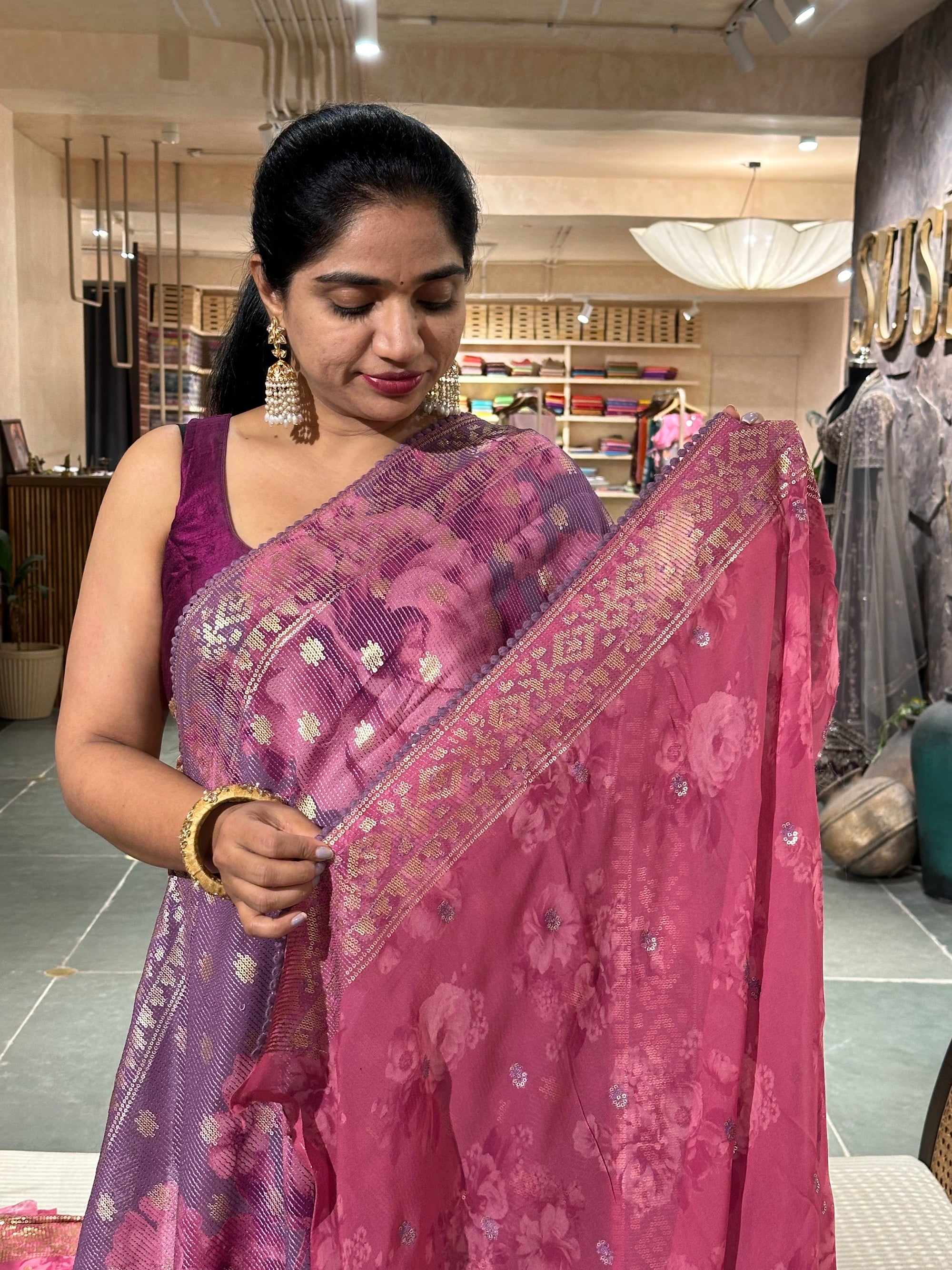 Pure Gorgette Sequnce Saree In Sabhyasachi Style With Statement Floral Print