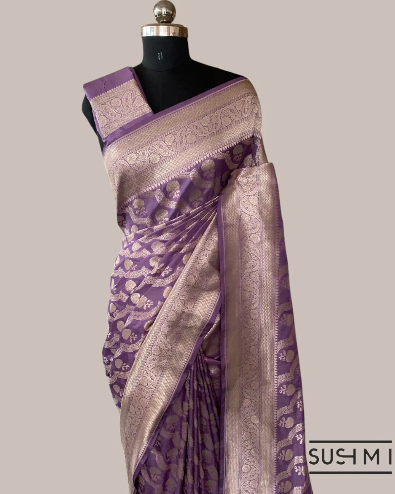 Lilac Banarasi Katan Silk Saree with diagonal pattern scallop floral creeper wit